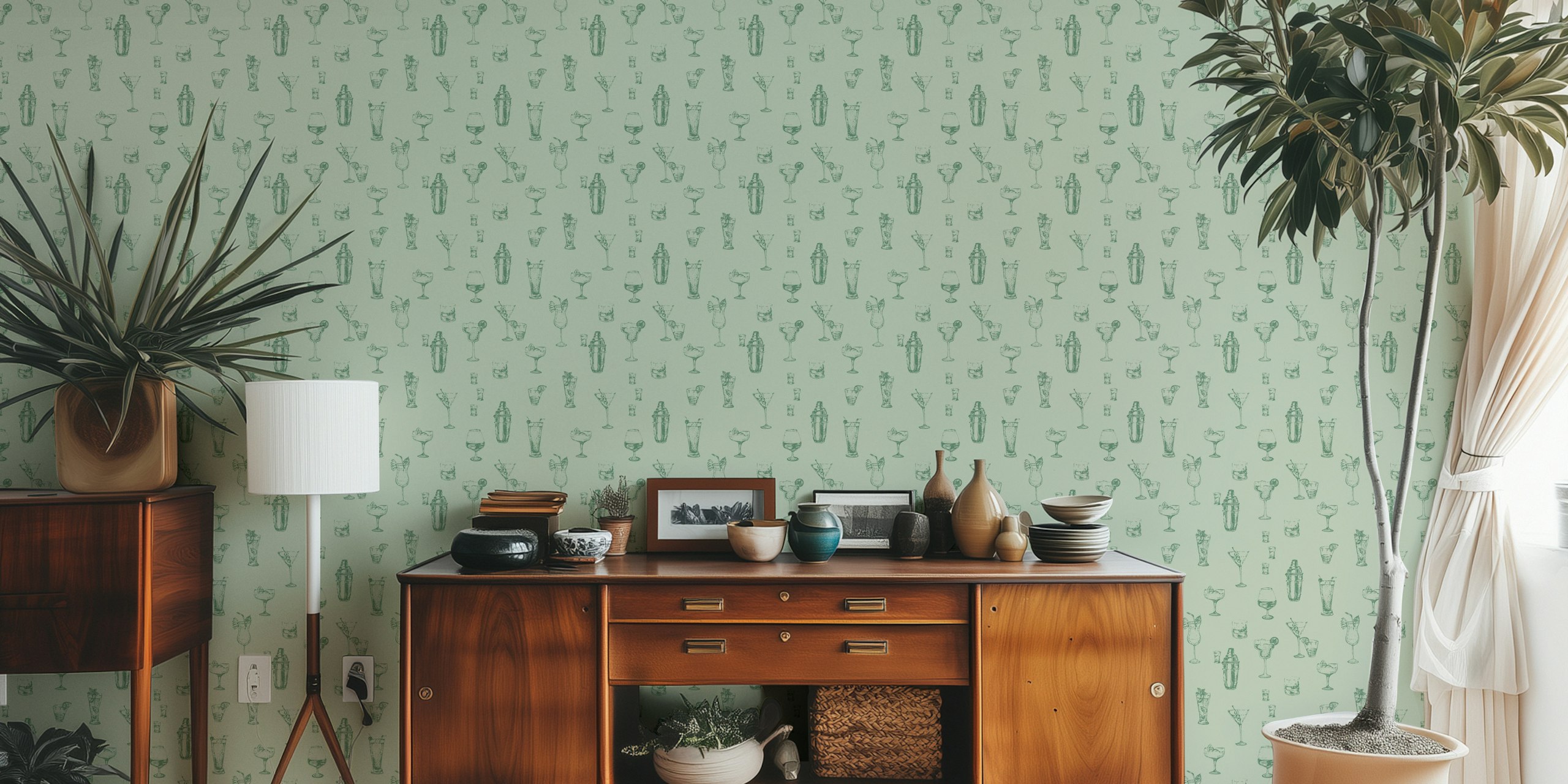 Cocktail glasses and shaker illustrations in green on light background wallpaper