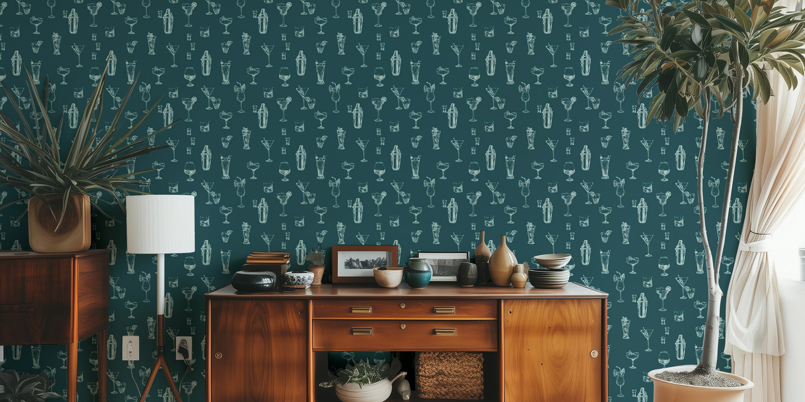 Cocktail glasses and drink shaker pattern on teal background wallpaper