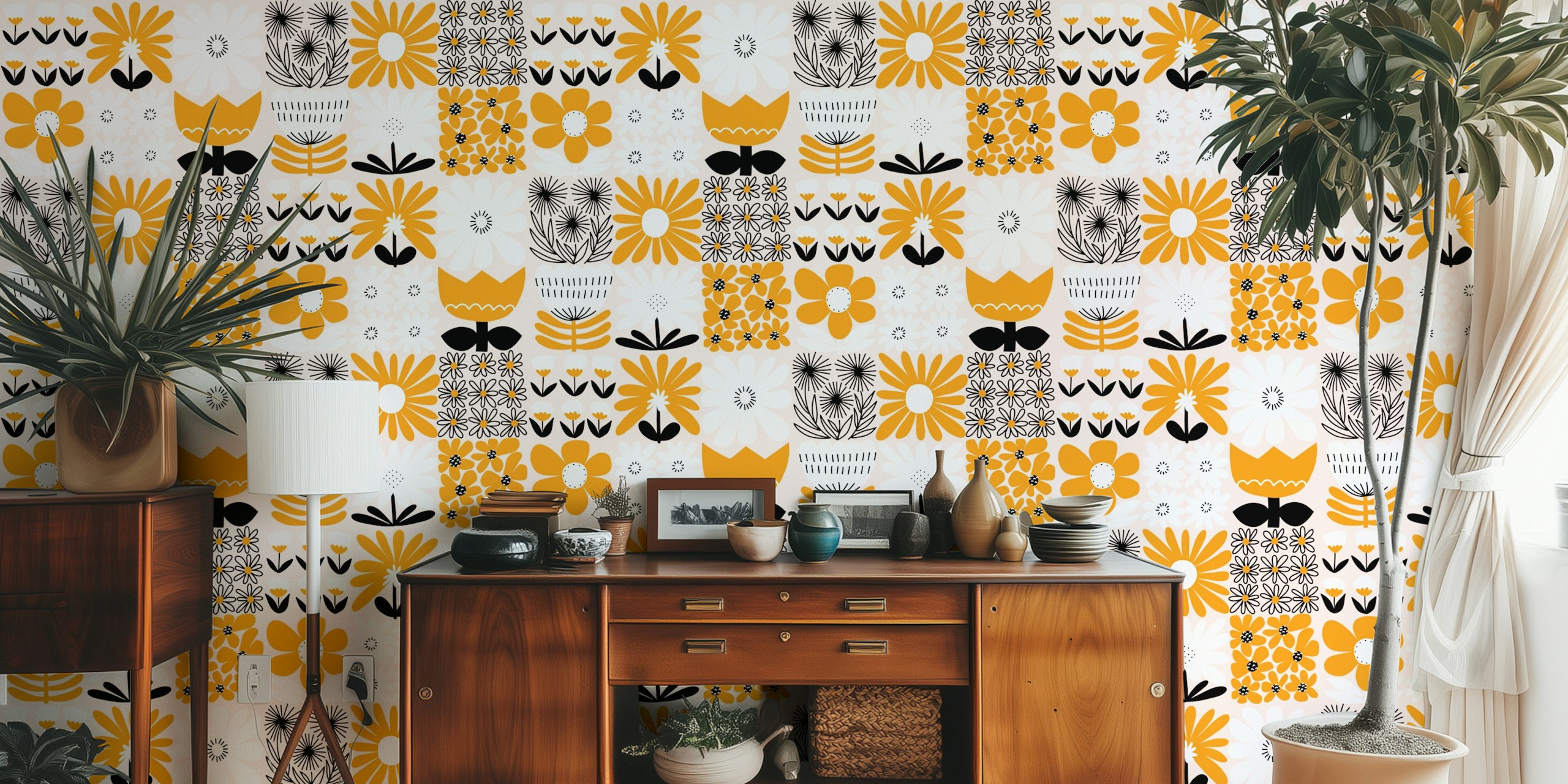 Χρωματιστό σχέδιο ταπετσαρίας με λουλούδια σε ένα δωμάτιο