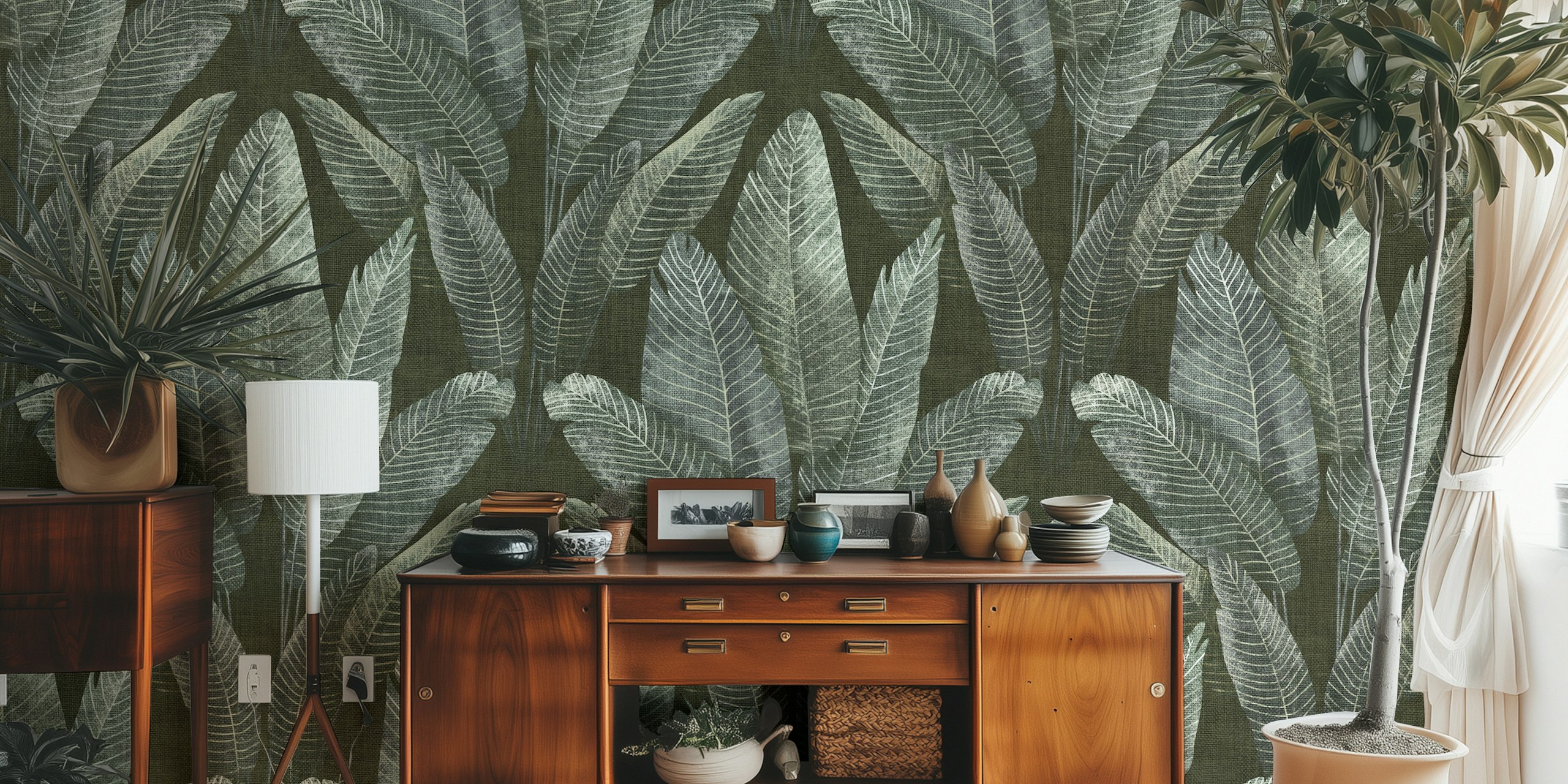 Carta da parati Elegant Rainforest Leaves in una stanza