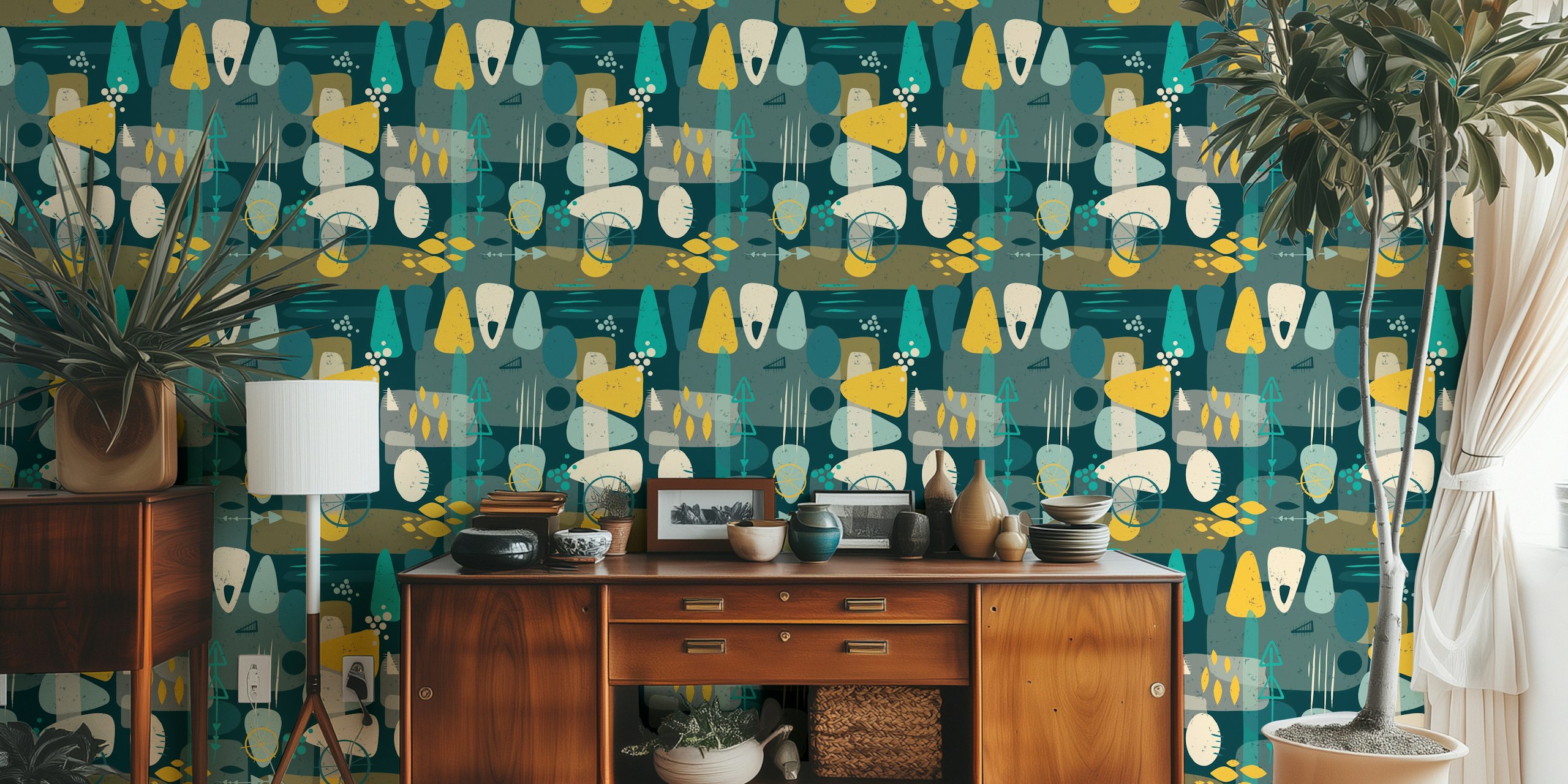 Tapeta Dark Atomic Mid Century Modern v pokoji