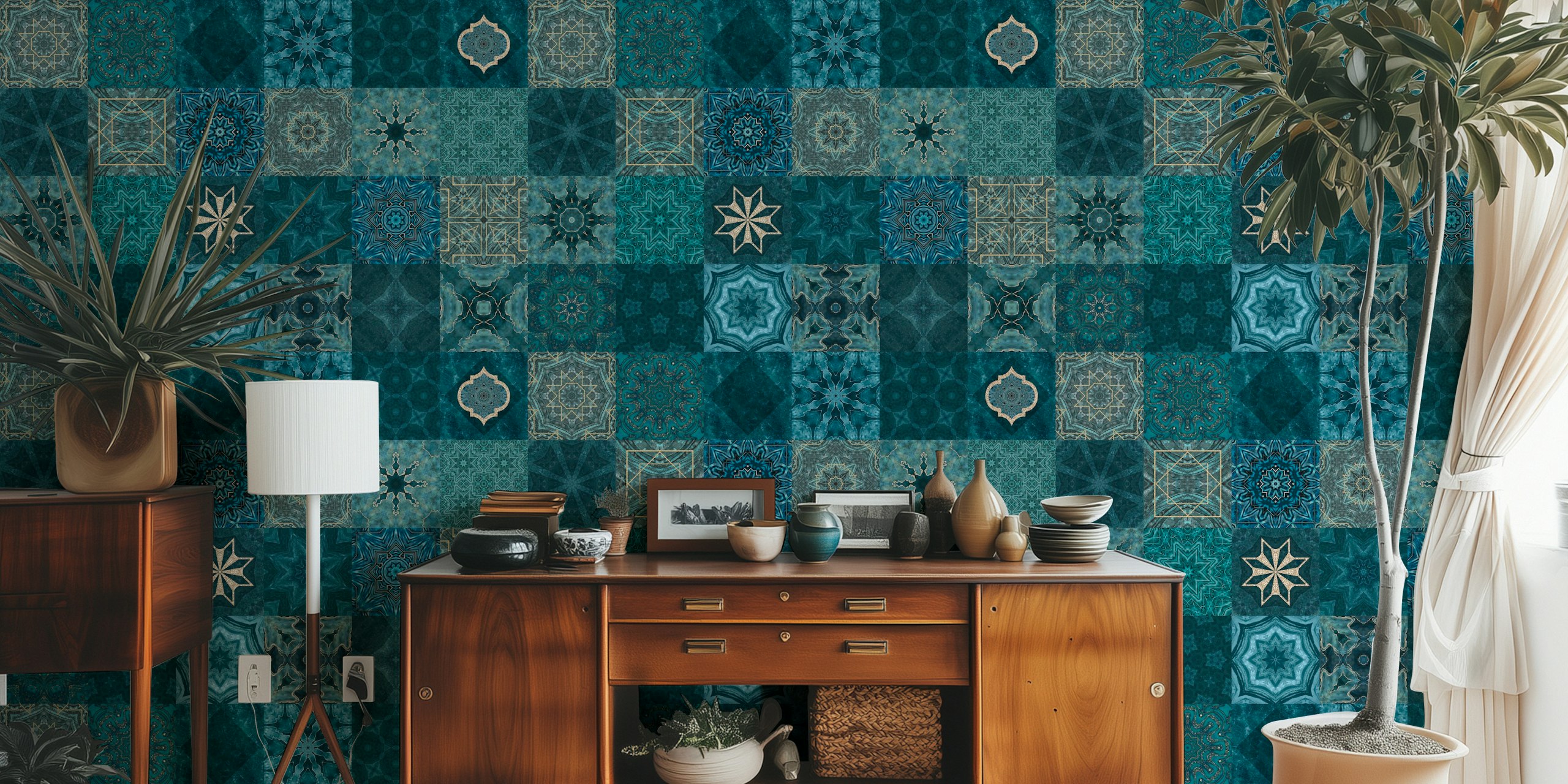 Mediterranean Mosaic Teal Gold wallpaper in a room
