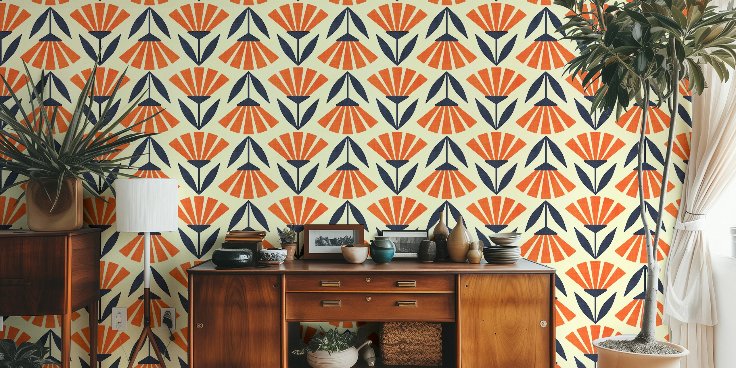 Geometric floral pattern in cream, orange, and navy wallpaper