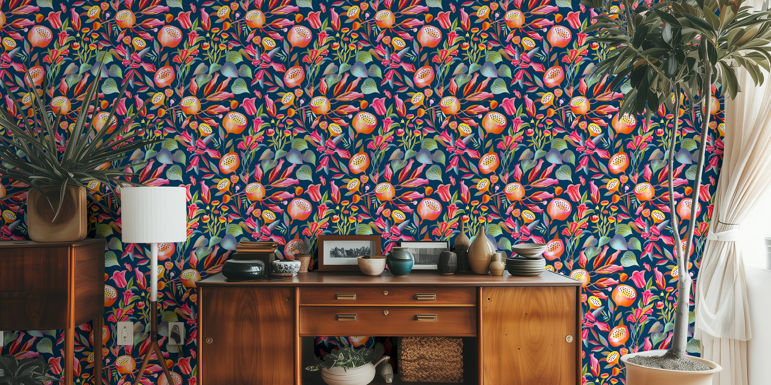 Colorful flowers on dark blue background floral wallpaper