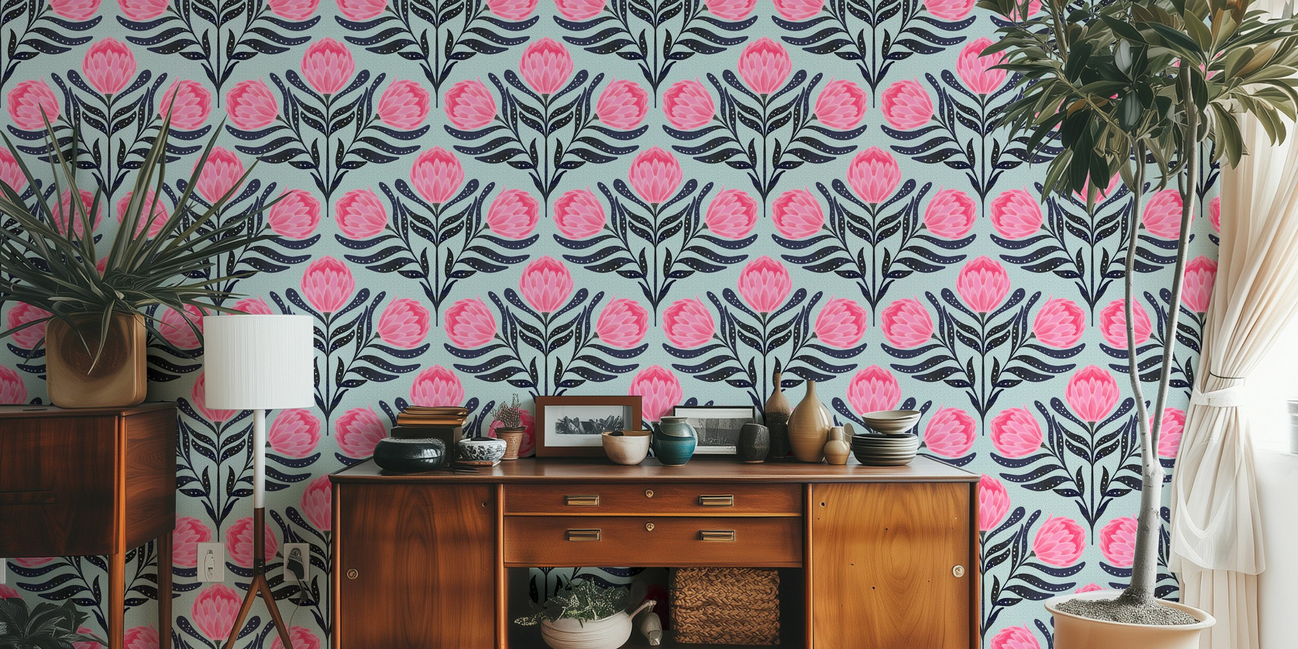 Protea pink floral wallpaper in a room