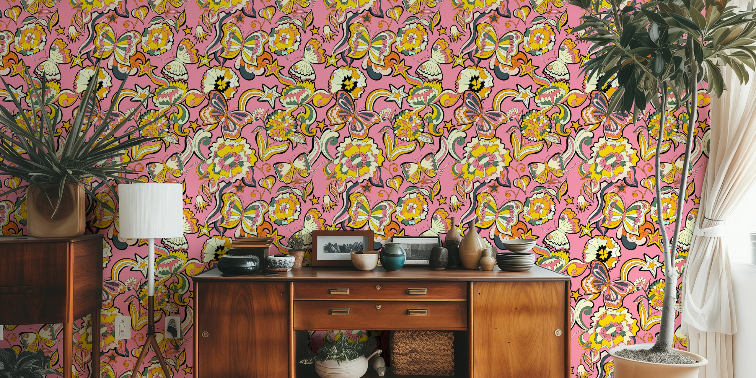 Kleurrijk design van wallpapers met butterflies en flowers