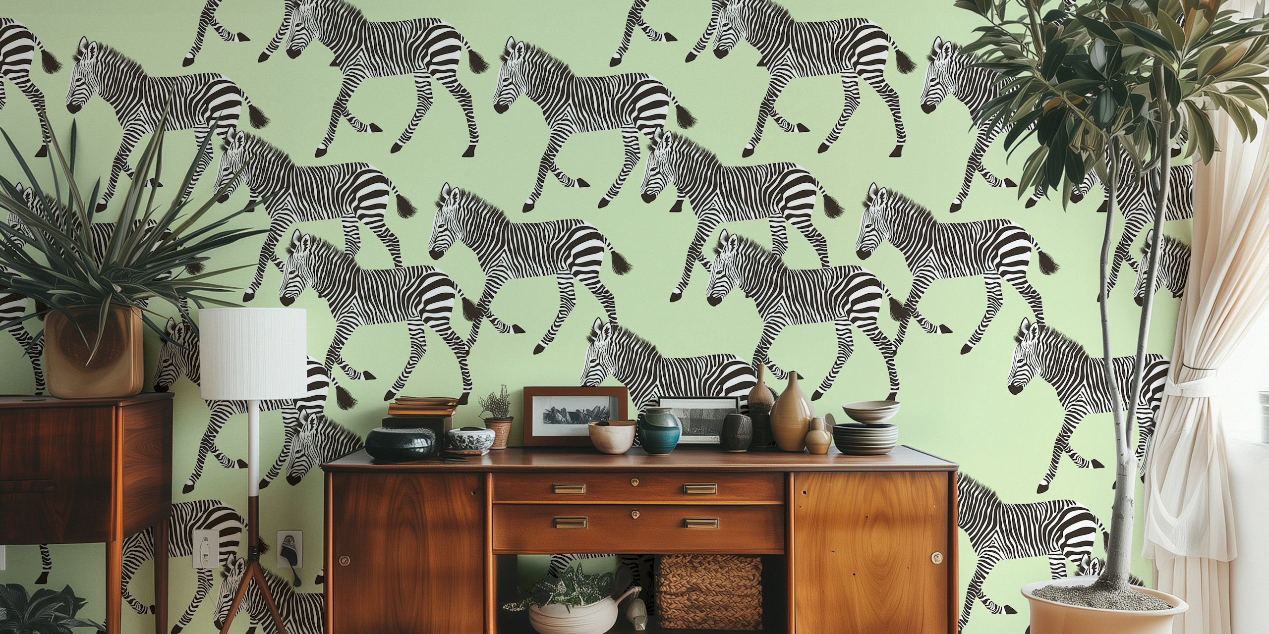 Zebra pattern on pastel green background wallpaper