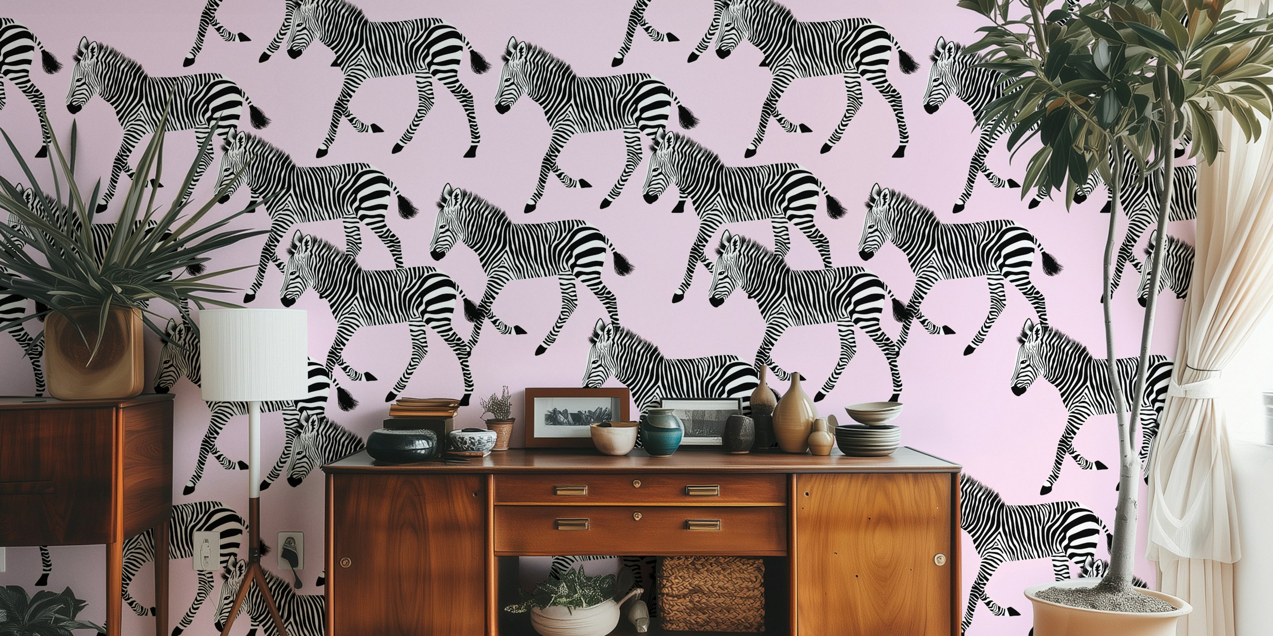 Zebra Walk 8 pink wallpaper in a room