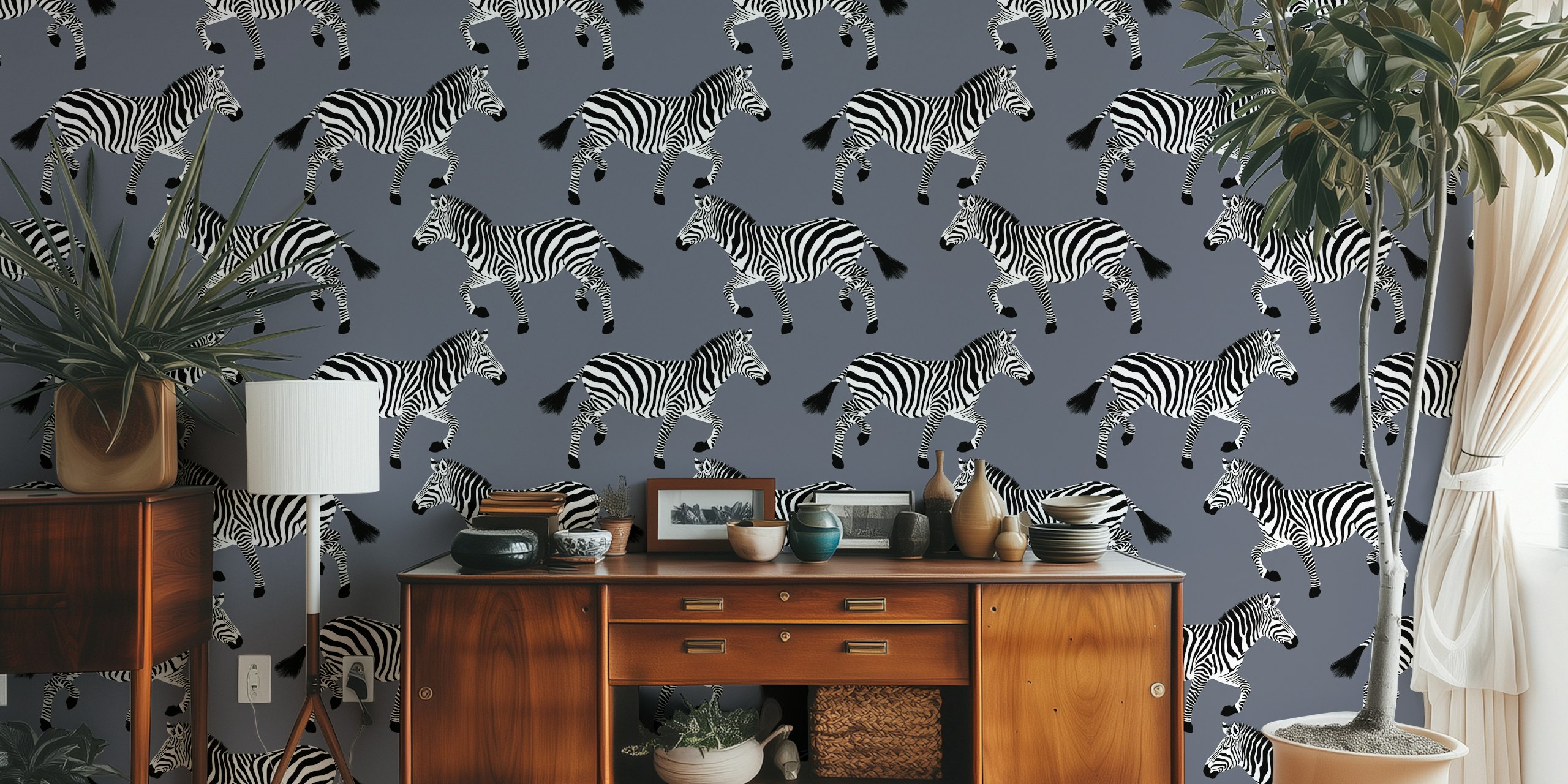 Zebra wallpaper in a modern room setting