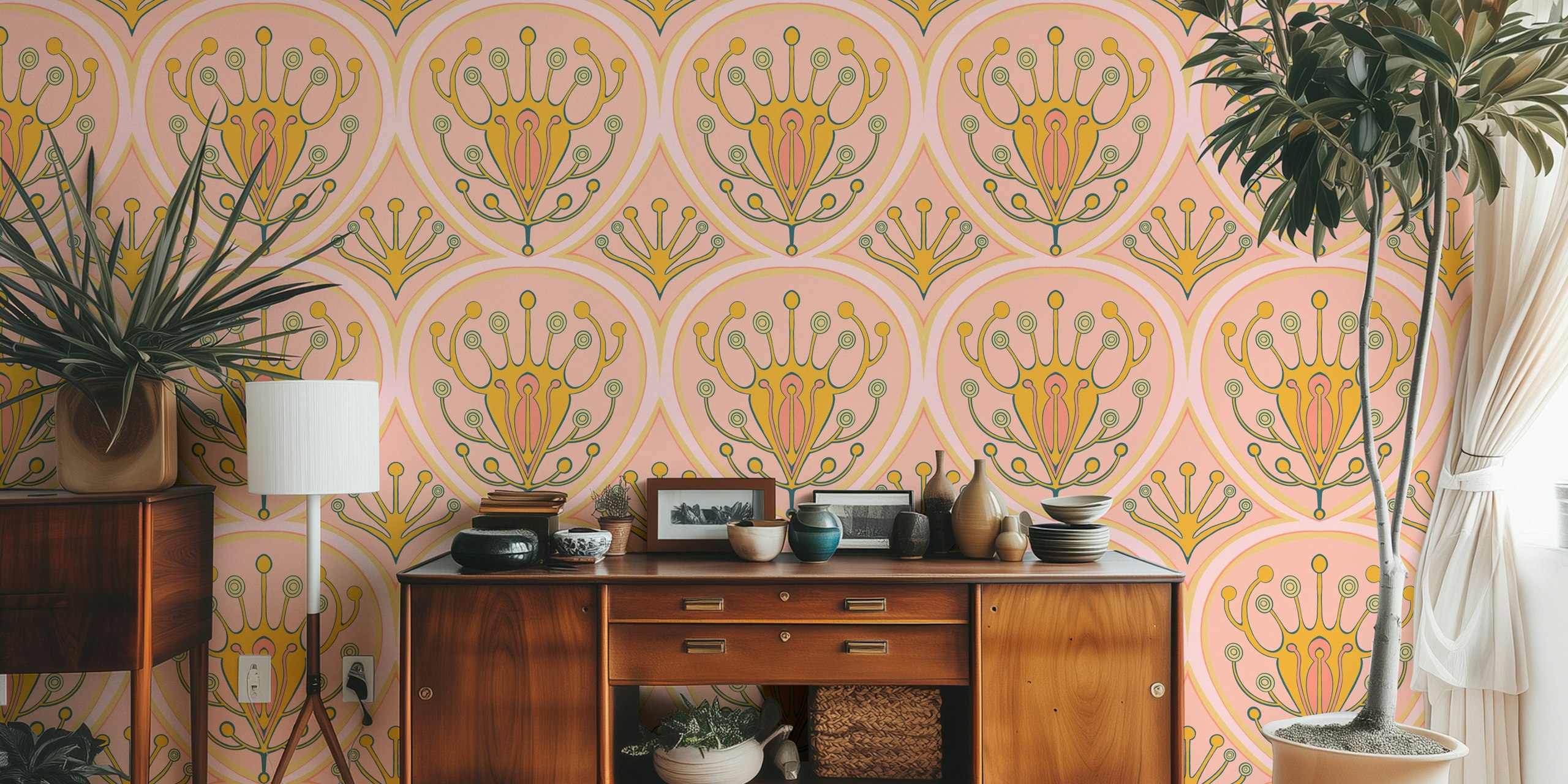 Art Deco Floral Twist behang in een kamer