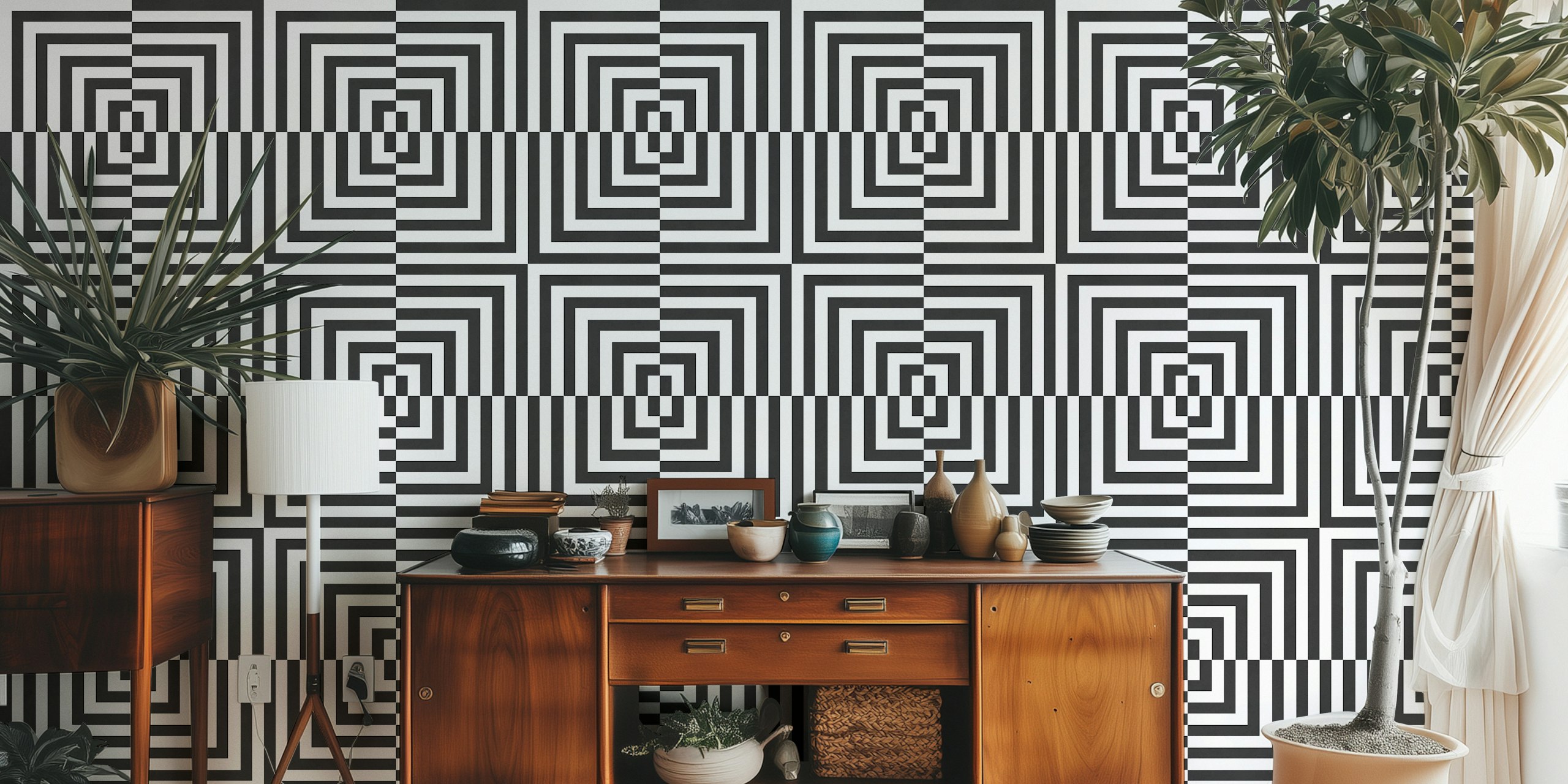 Black and white geometric striped wallpaper featuring concentric squares.