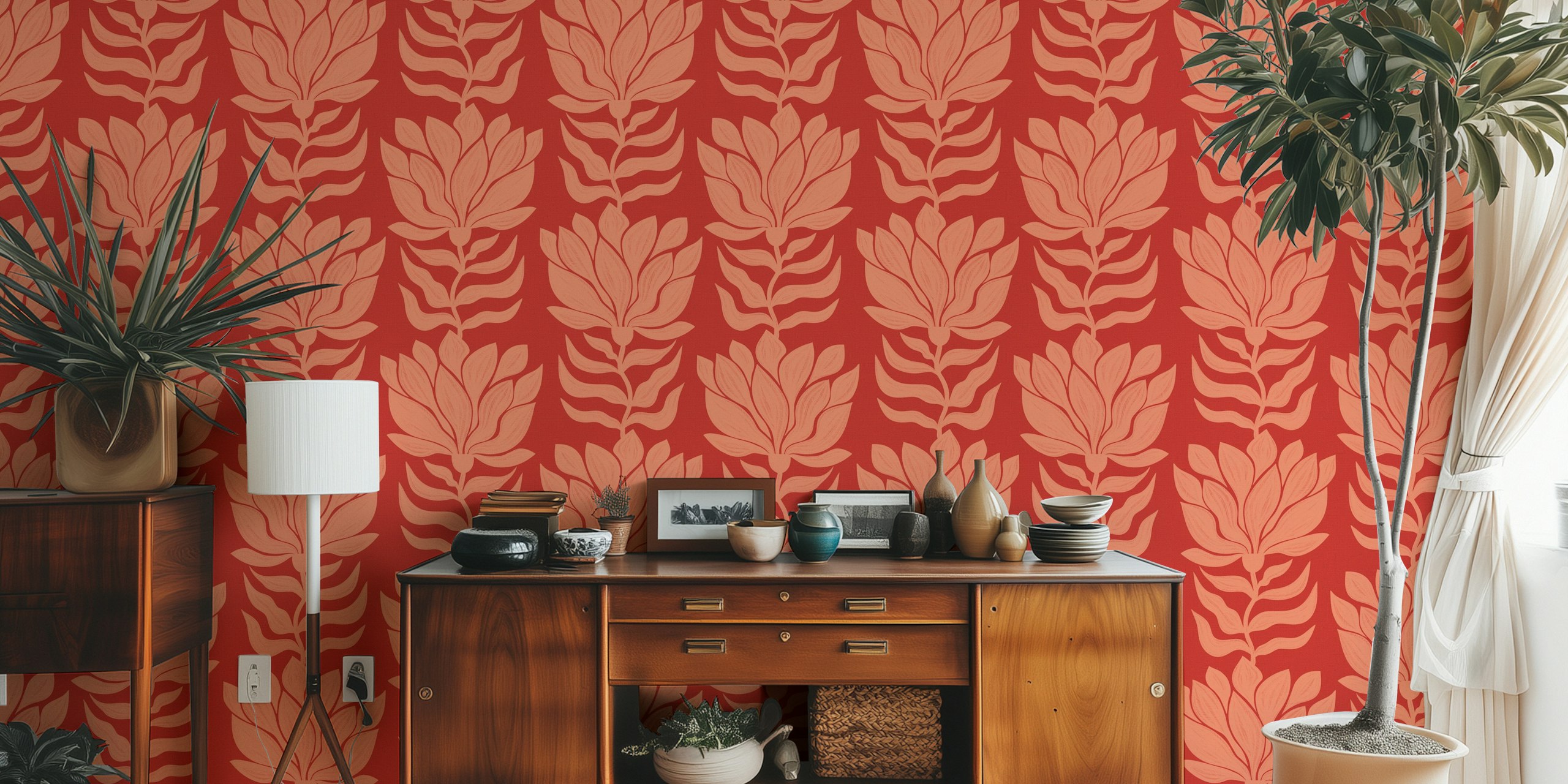 Red floral patterns with wavy leaves in a modern boho style wallpaper