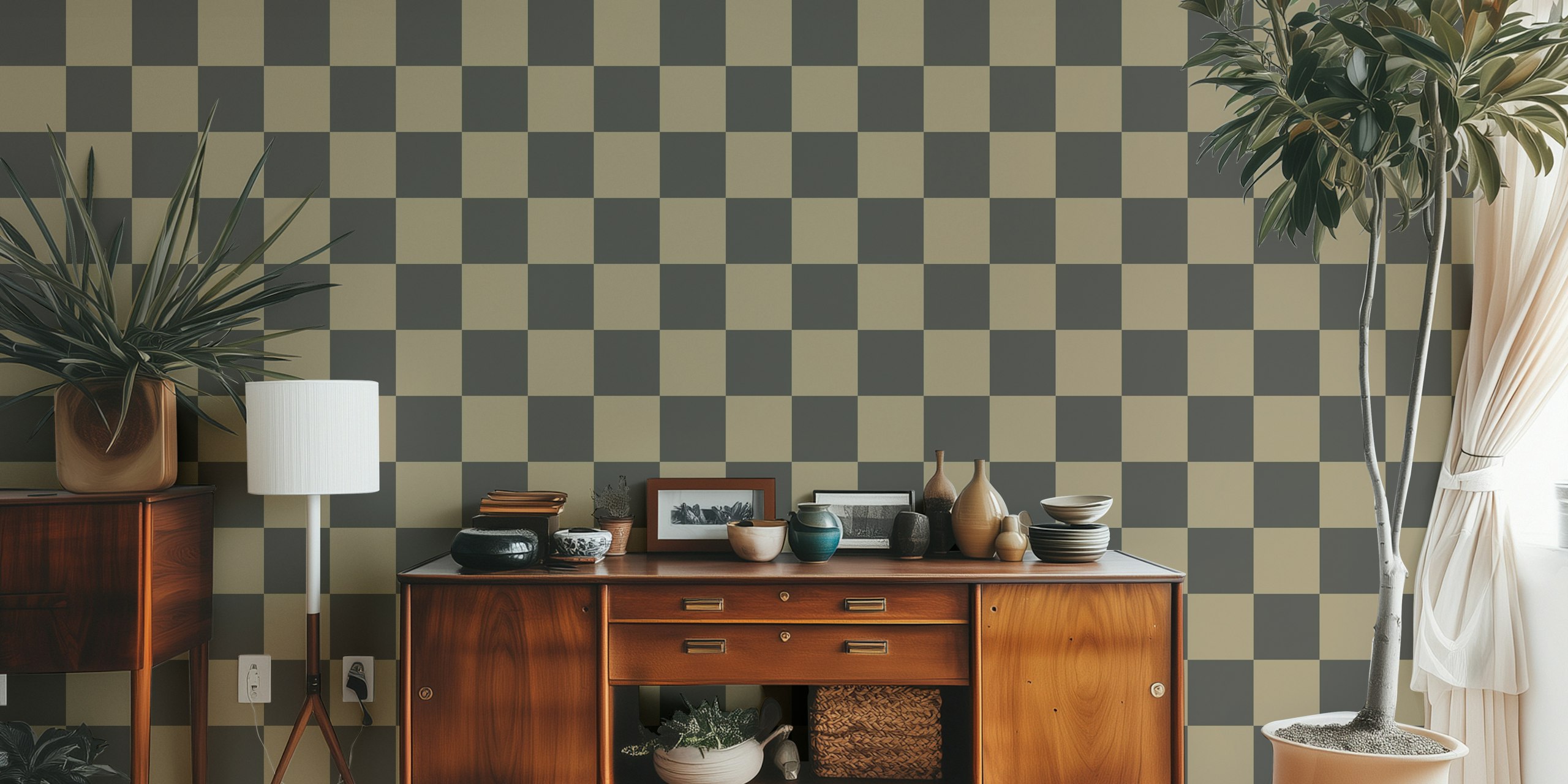 Papier peint Dark Sand Checkerboard dans une pièce élégante