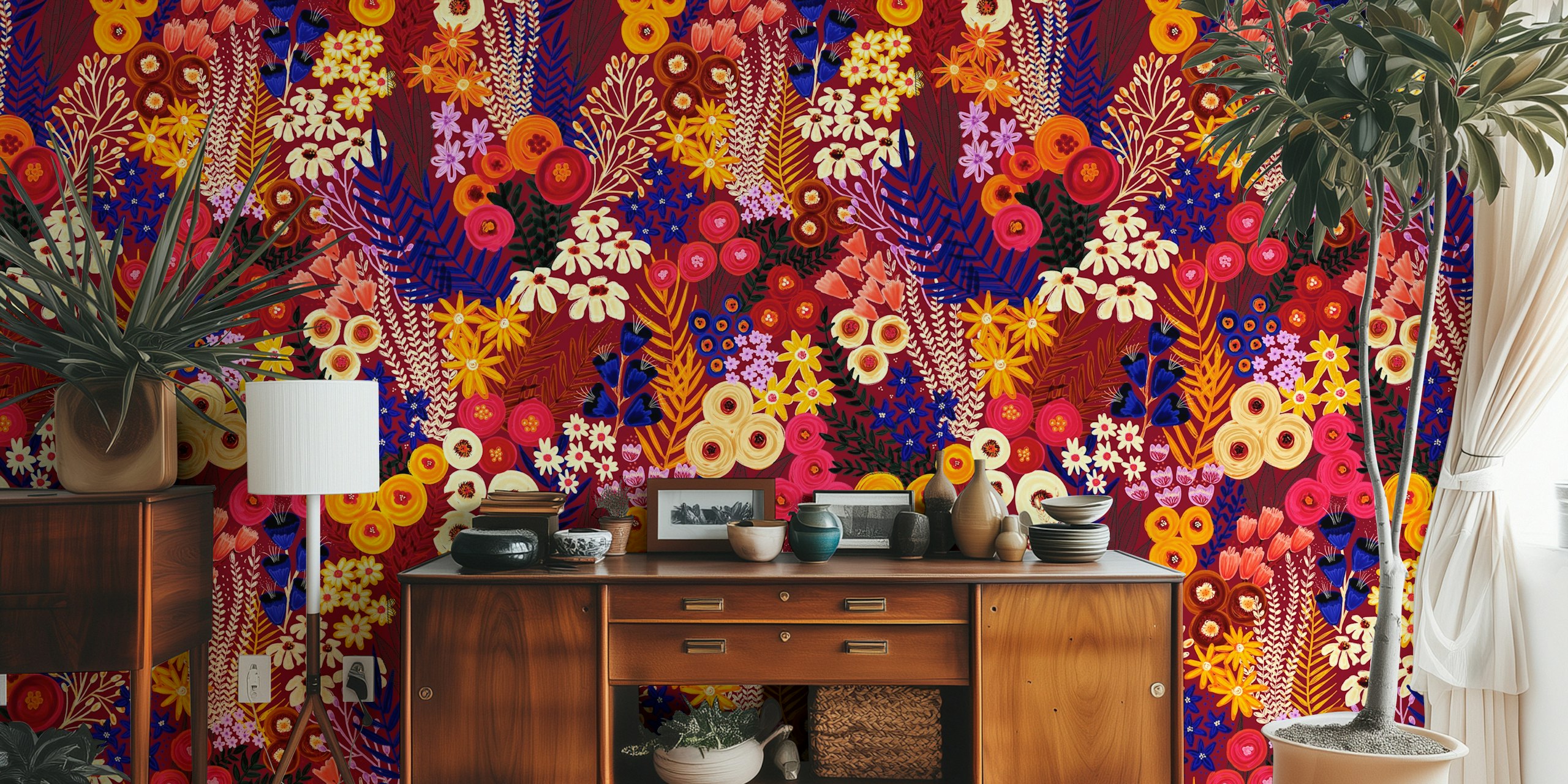Colorful floral patterns with reds, yellows, and greens wallpaper