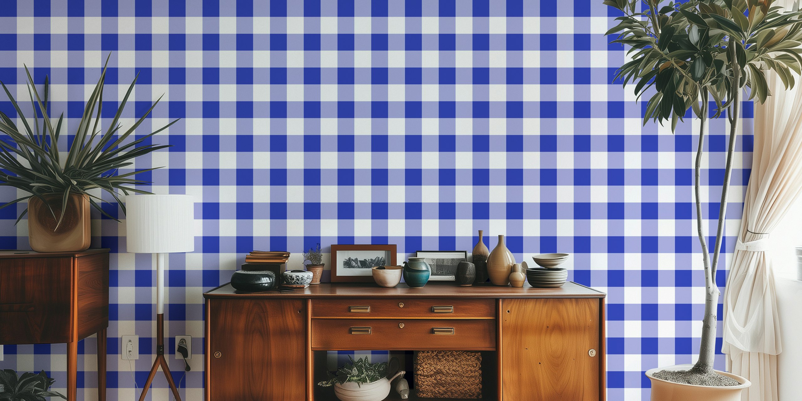 Blue gingham wallpaper in a room