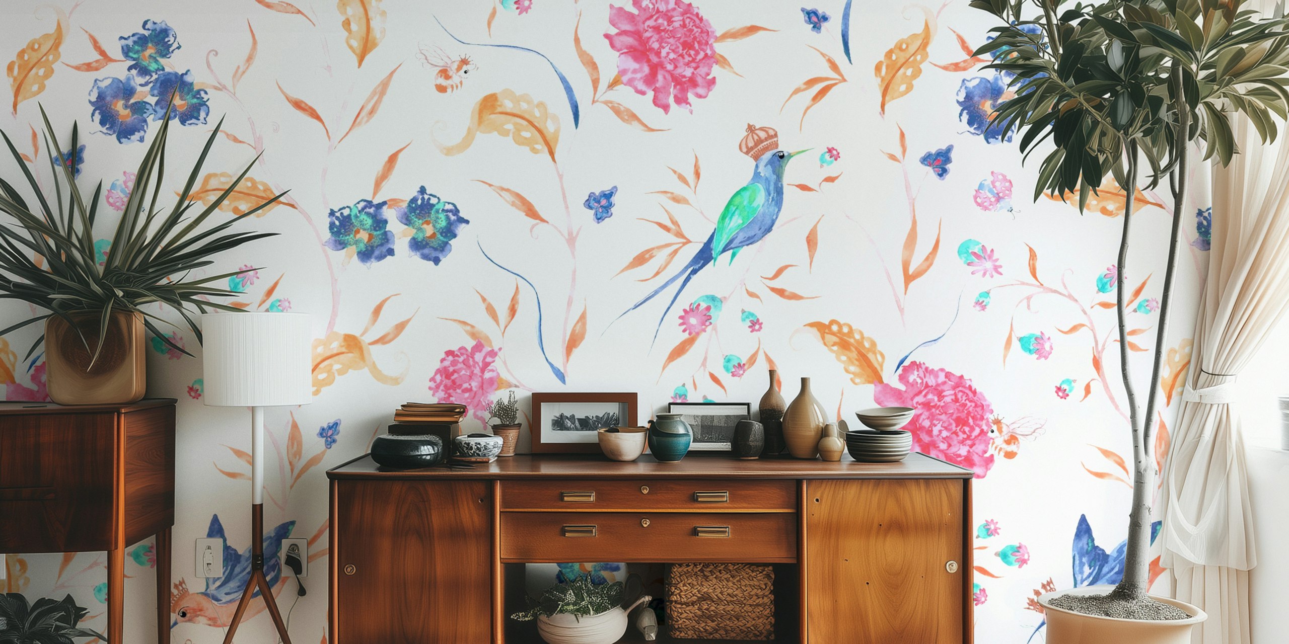 Colorful floral pattern with pink and blue flowers and birds wallpaper