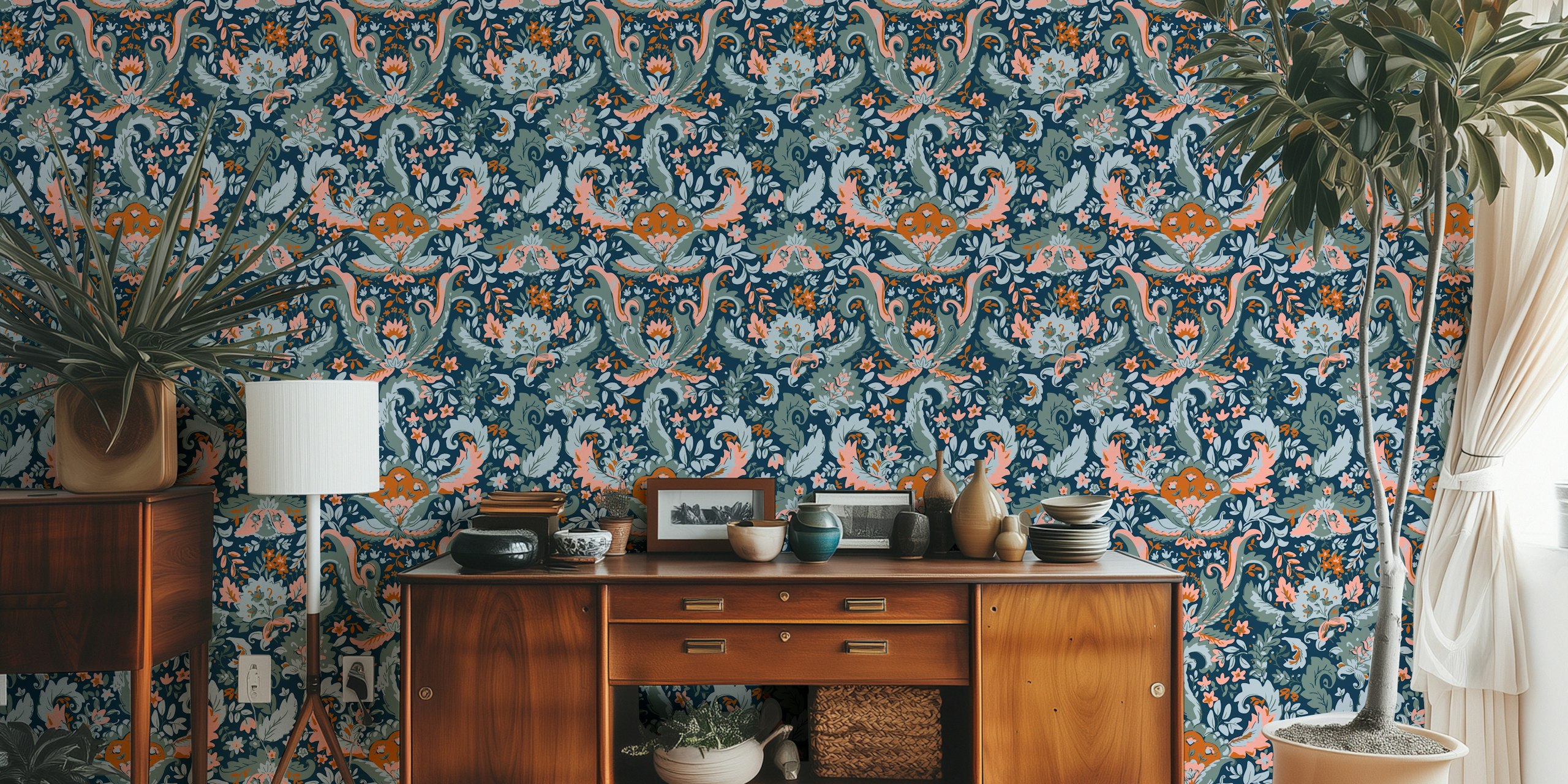 Bohemian indian foliage wallpaper i et rum