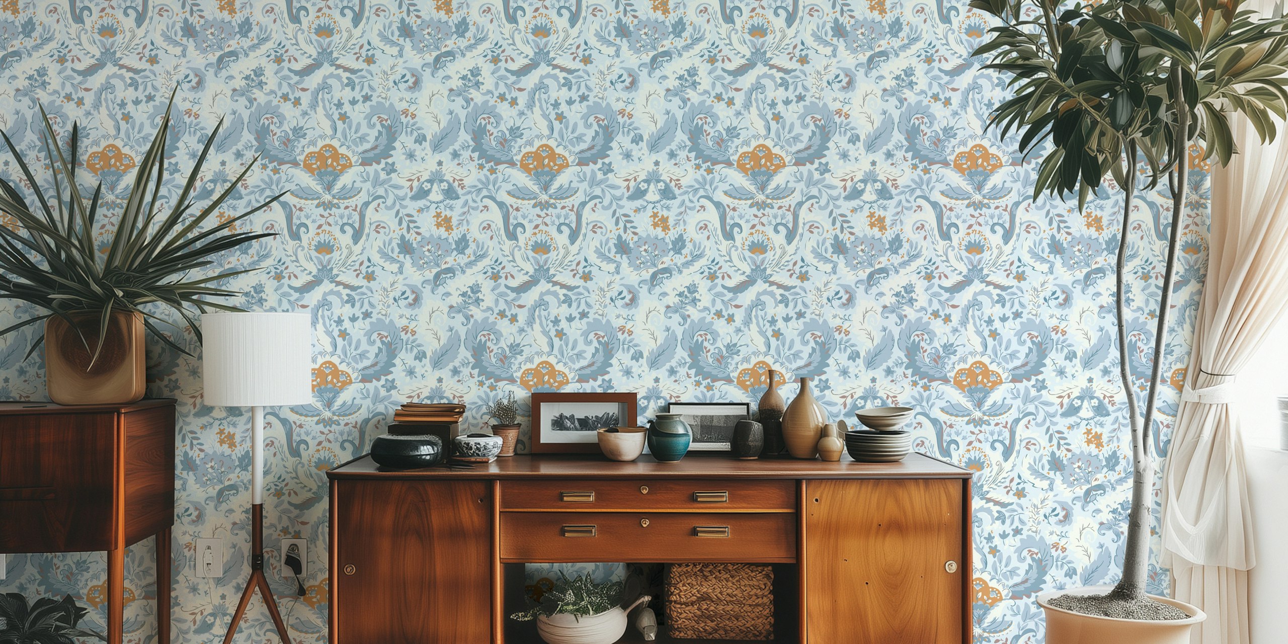Floral patterns in soft blue and yellow on a light background wallpaper