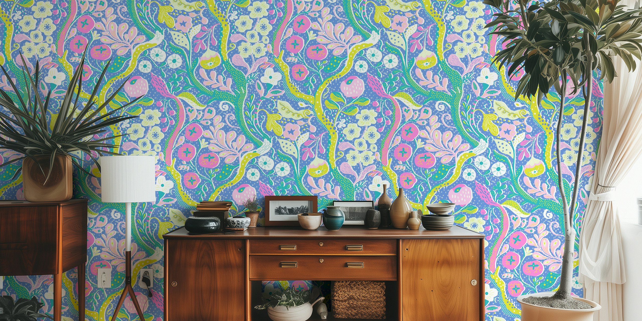 Colorful floral patterns with pink, blue, yellow on light blue wallpaper