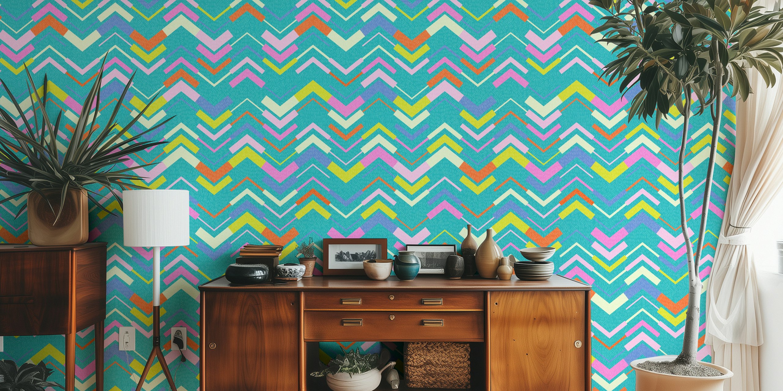 Colorful kitschy chevron stripe tapeta w pokoju