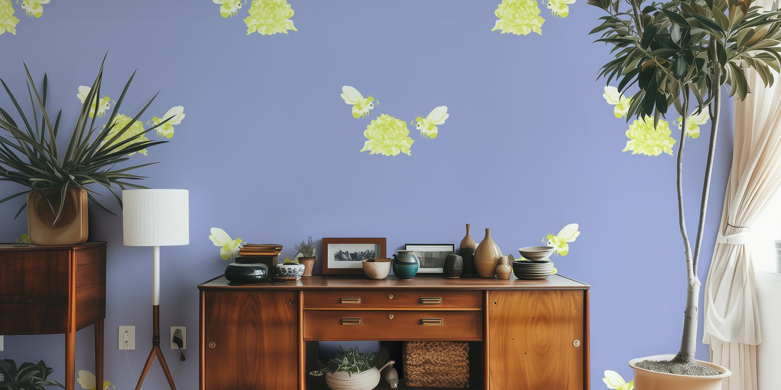 Flower and bee wallpaper design in a room