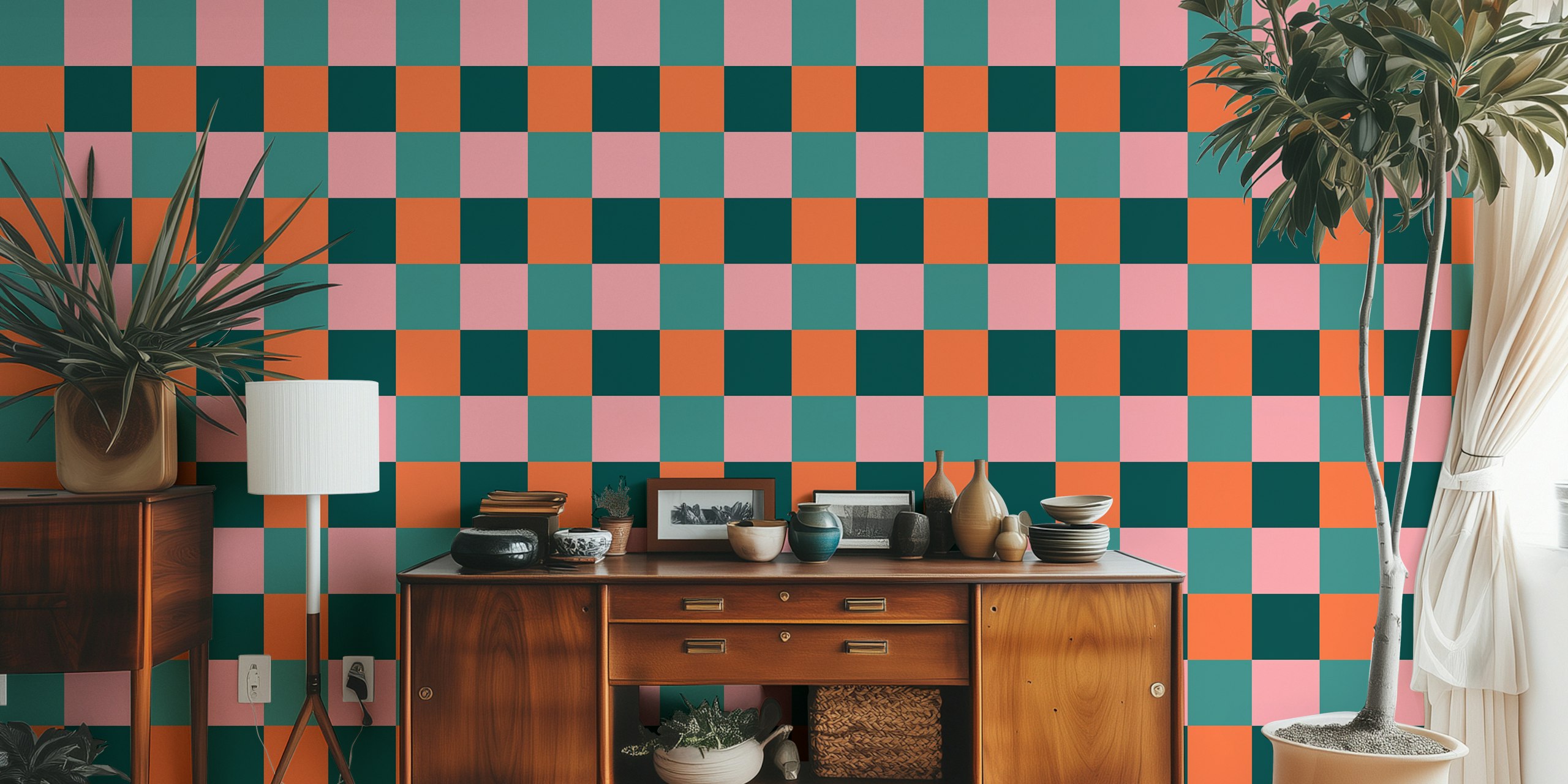 Color block check wallpaper in pink, orange, teal, and dark green