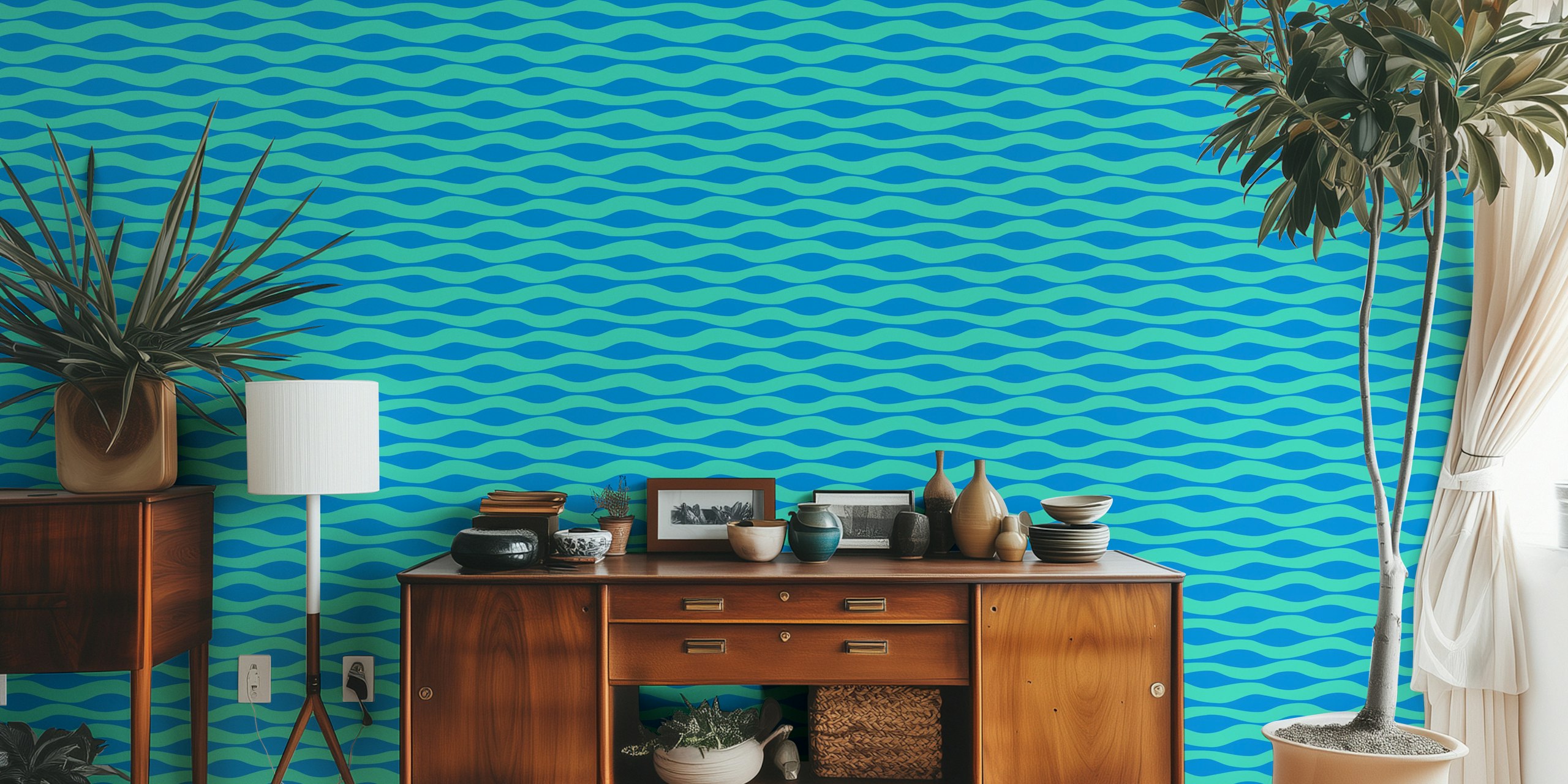 Turquoise and blue ripples wallpaper in a room
