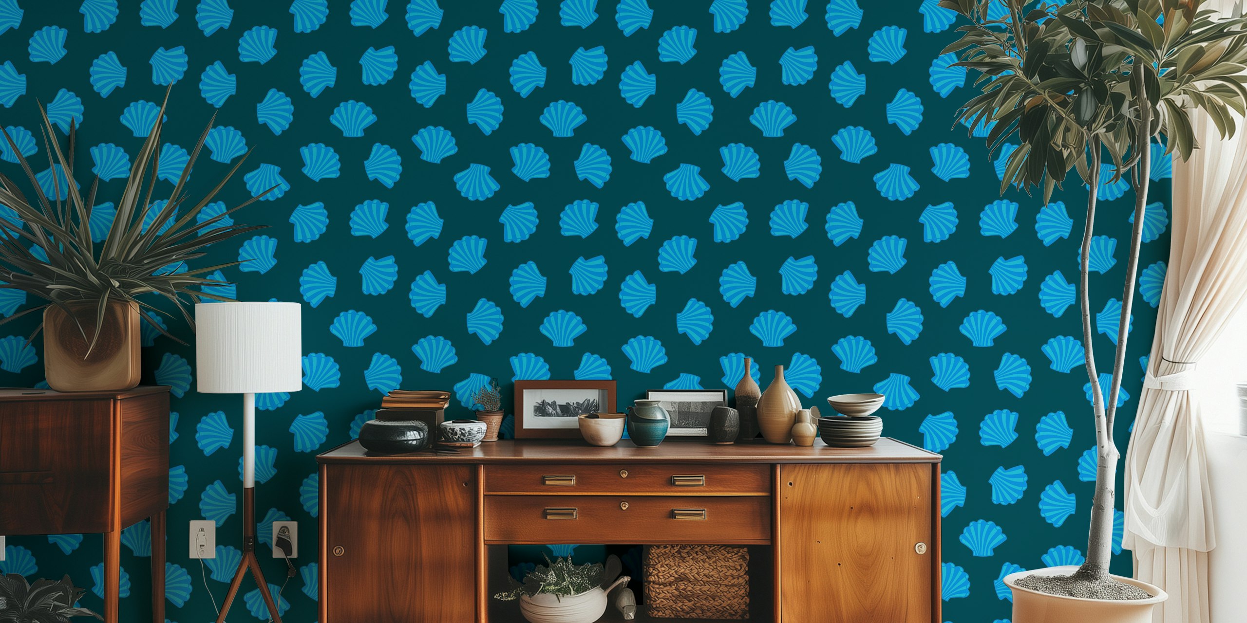 Blue scallop shells on a dark background wallpaper