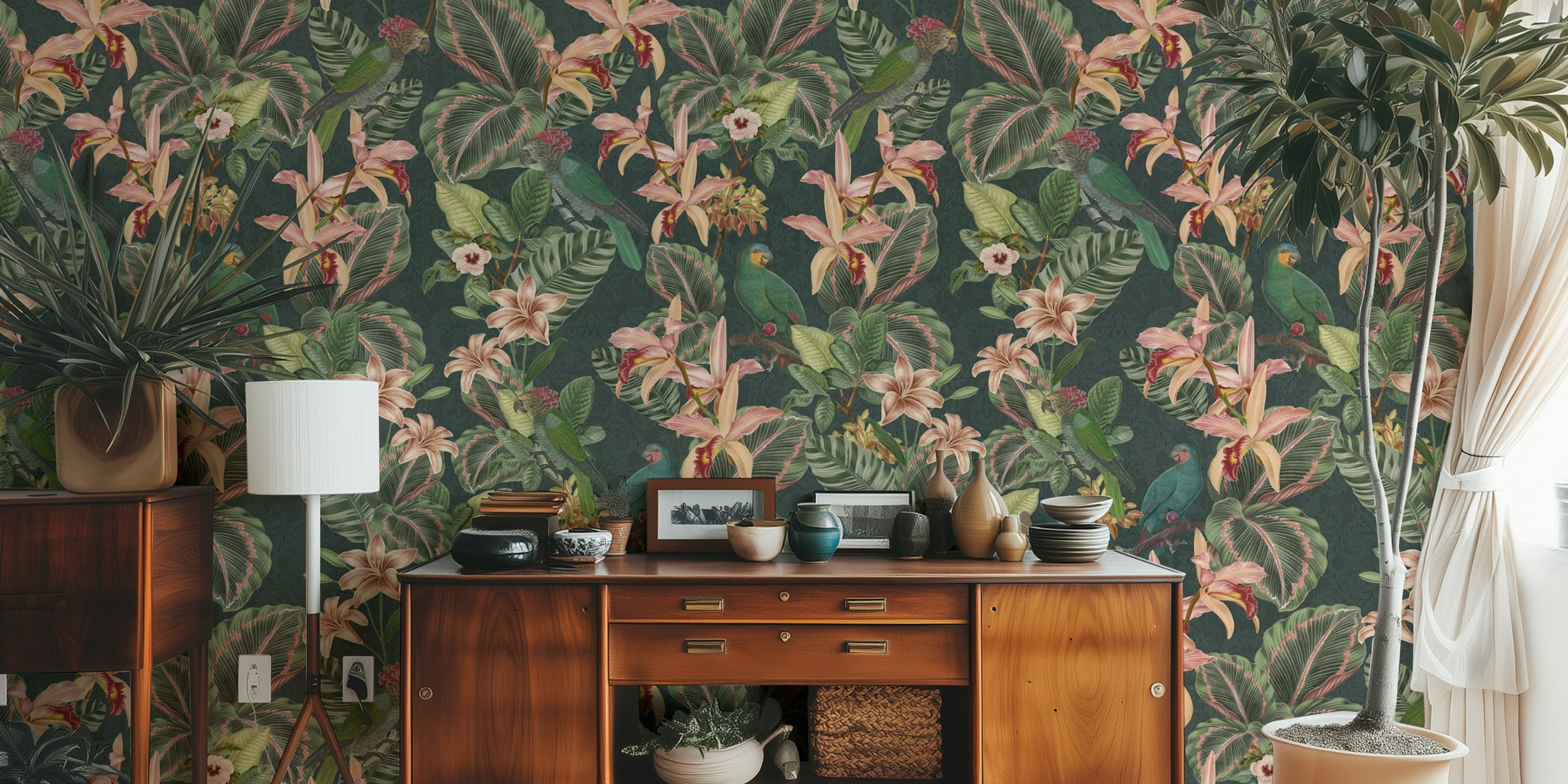 Tropical Jungle Parrots wallpaper in a room