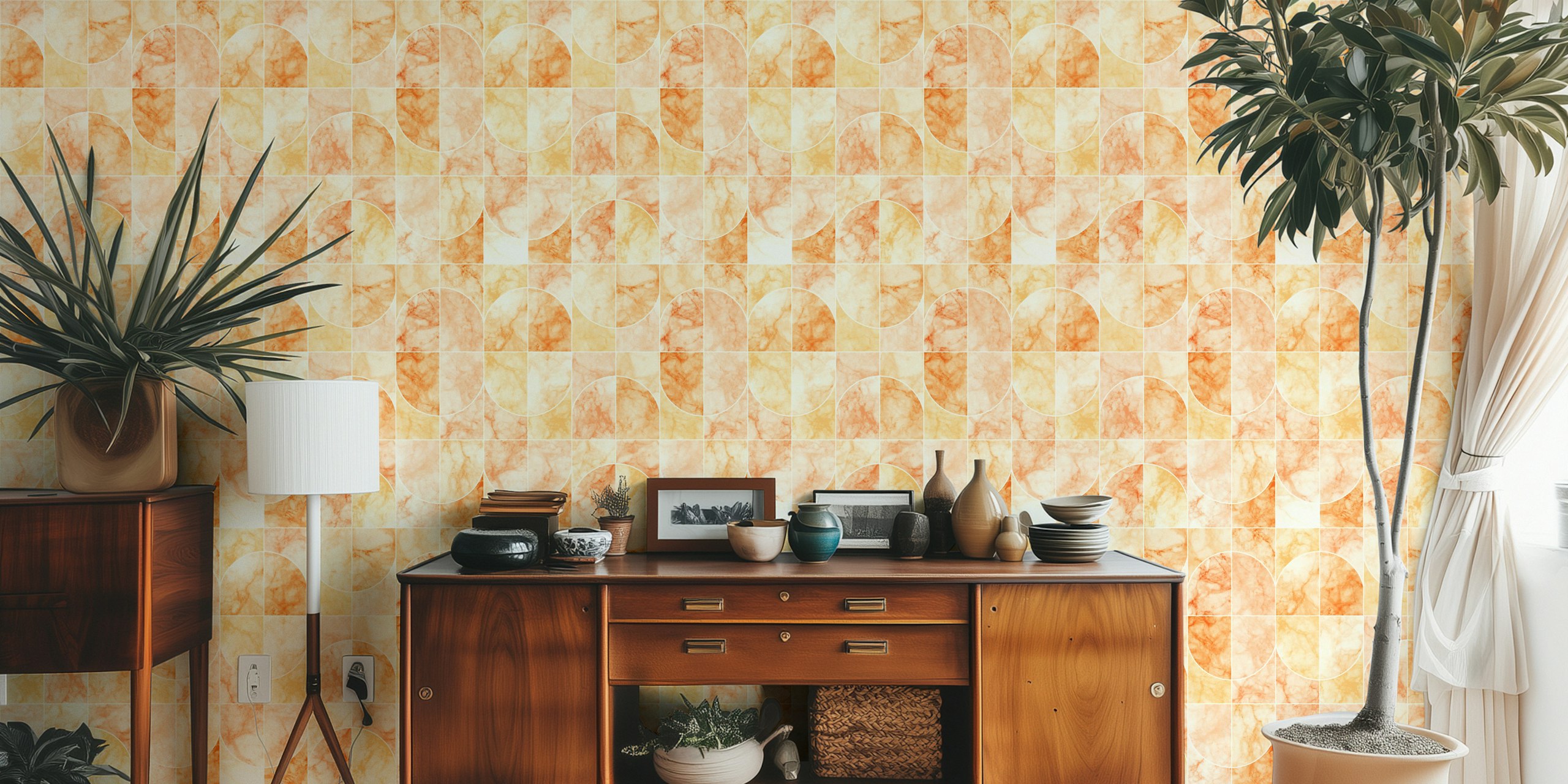 Marbled Geo Tiles Orangish wallpaper in a room