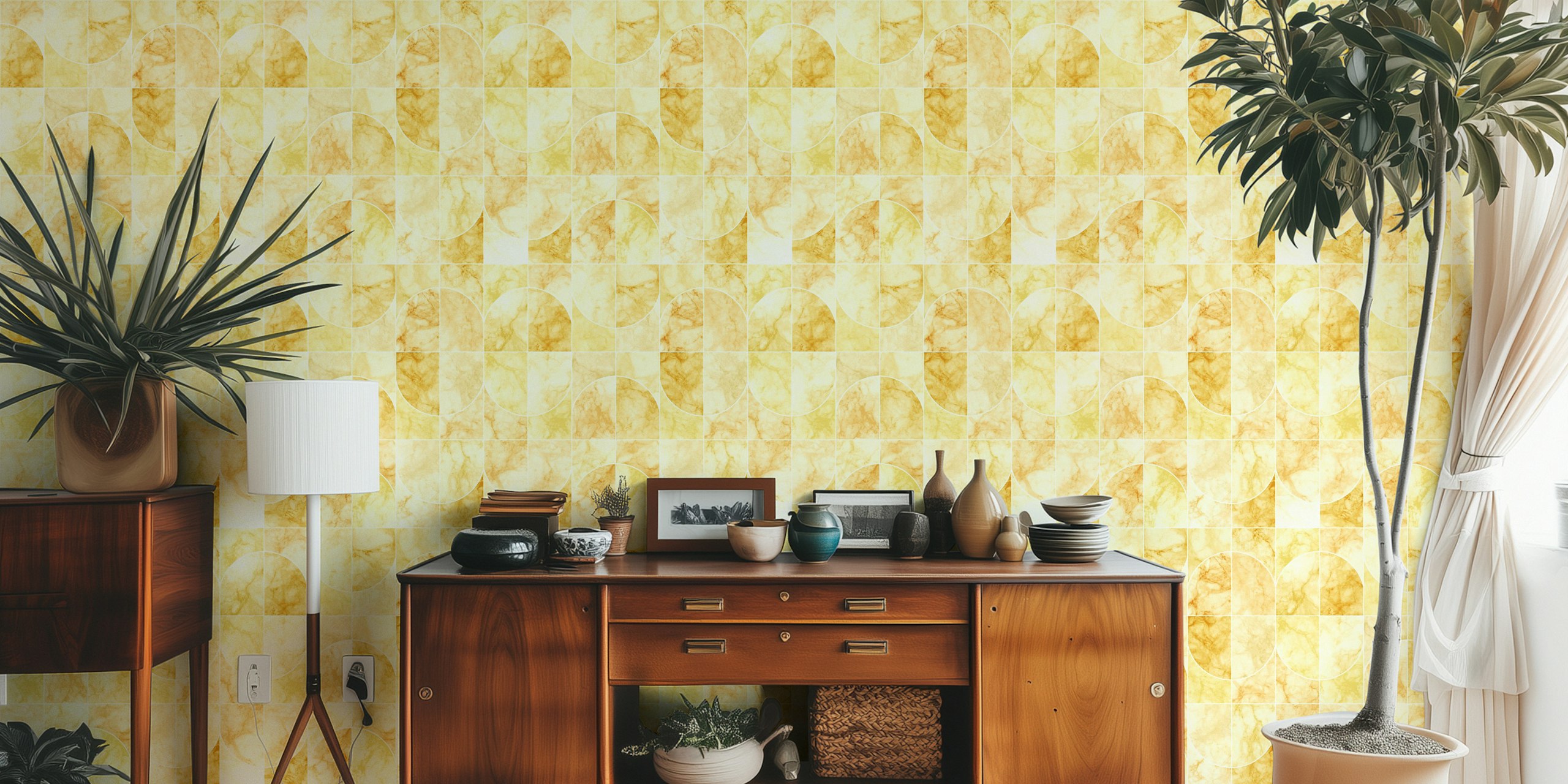Geometric marble pattern in yellow and beige tones wallpaper