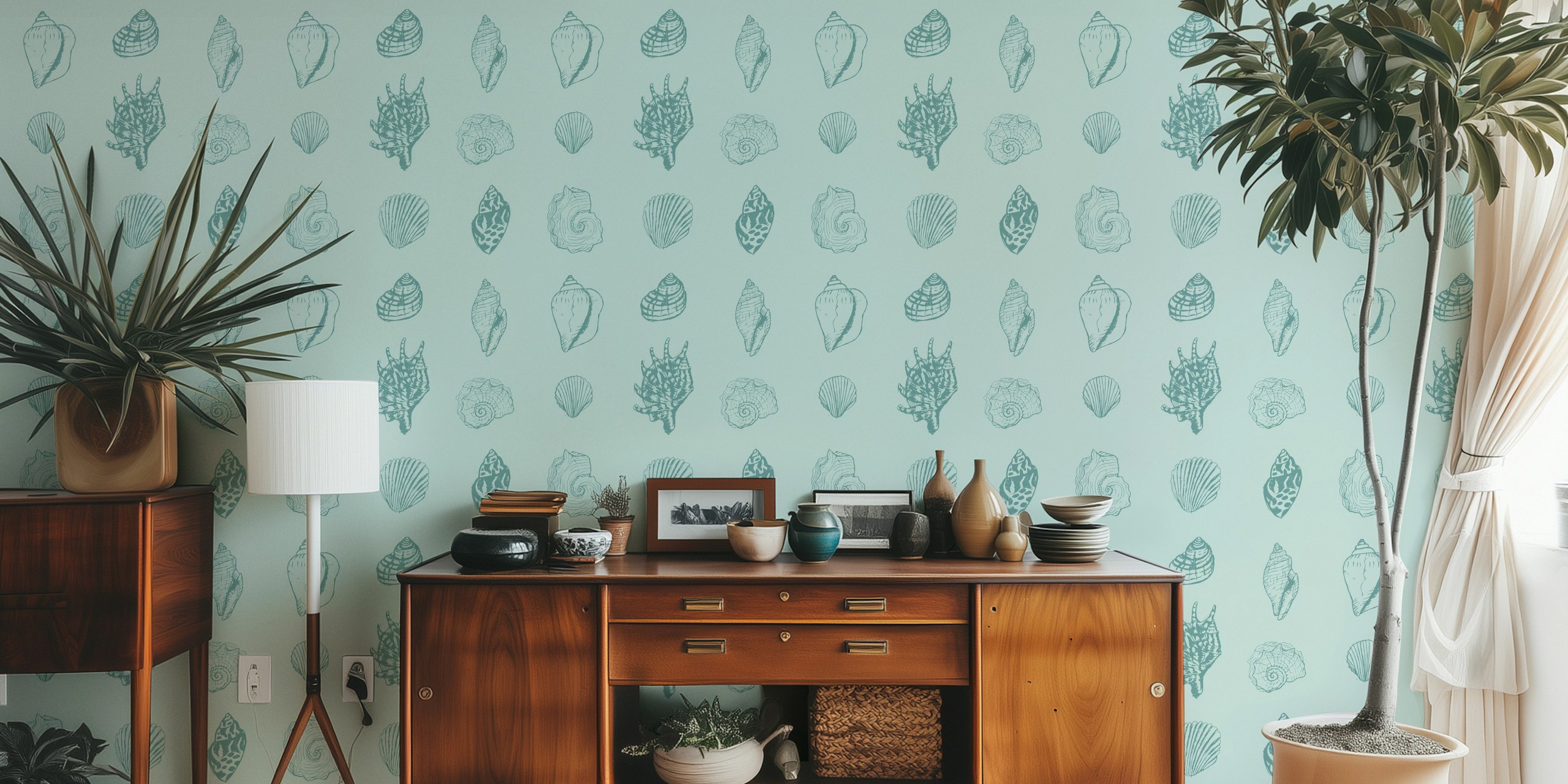 Blue seashells on soft pastel blue background wallpaper