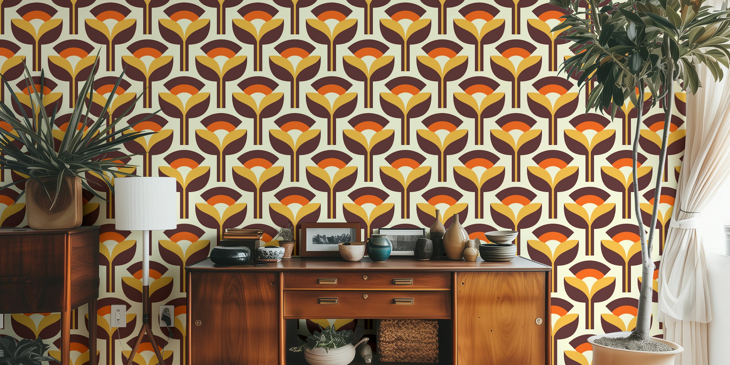 Geometric floral pattern in orange, brown, and yellow colors on cream background wallpaper