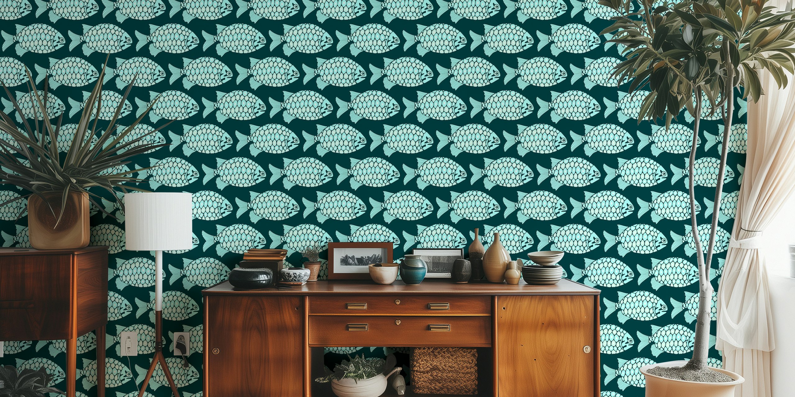Tropical fish pattern in aqua and teal colors wallpaper
