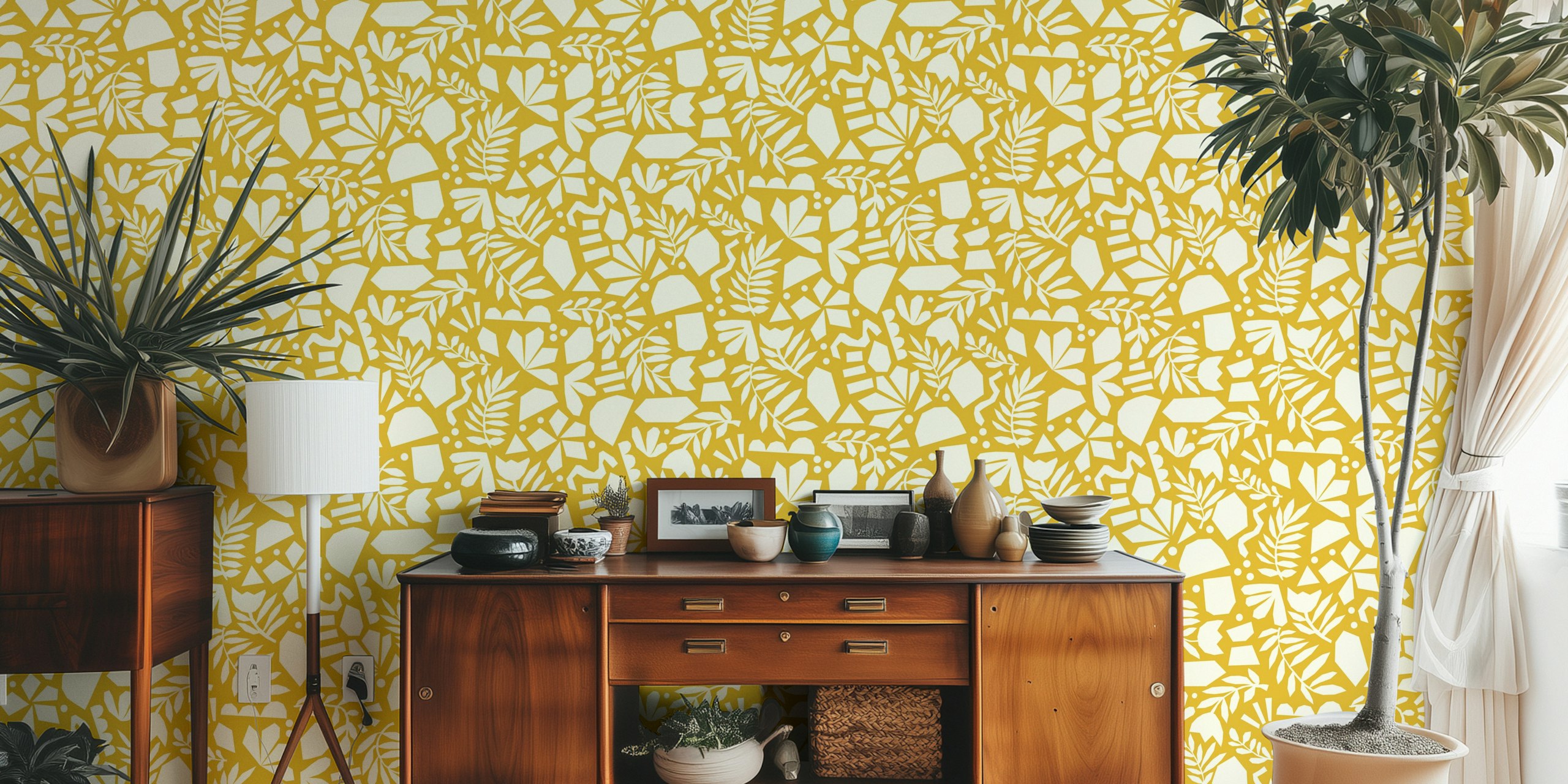Ochre yellow floral abstract wallpaper with white botanical shapes
