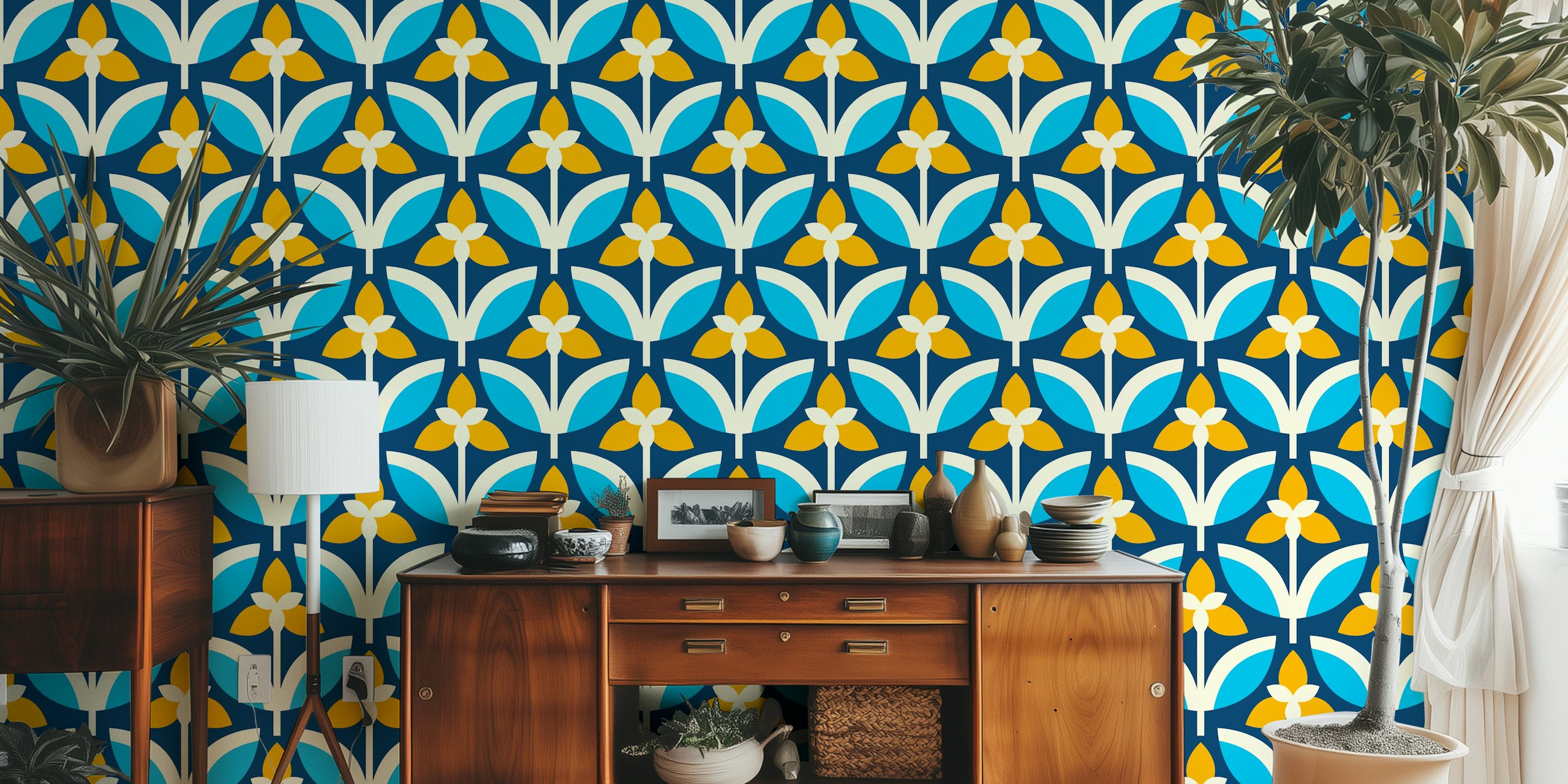 Blue and yellow floral patterns on a navy background wallpaper