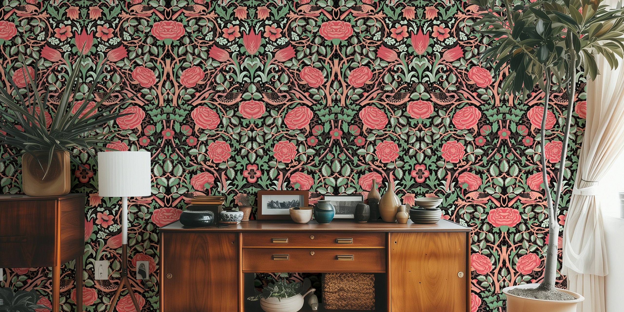 Victorian Rose 7 carta da parati floreale rossa e verde in una stanza