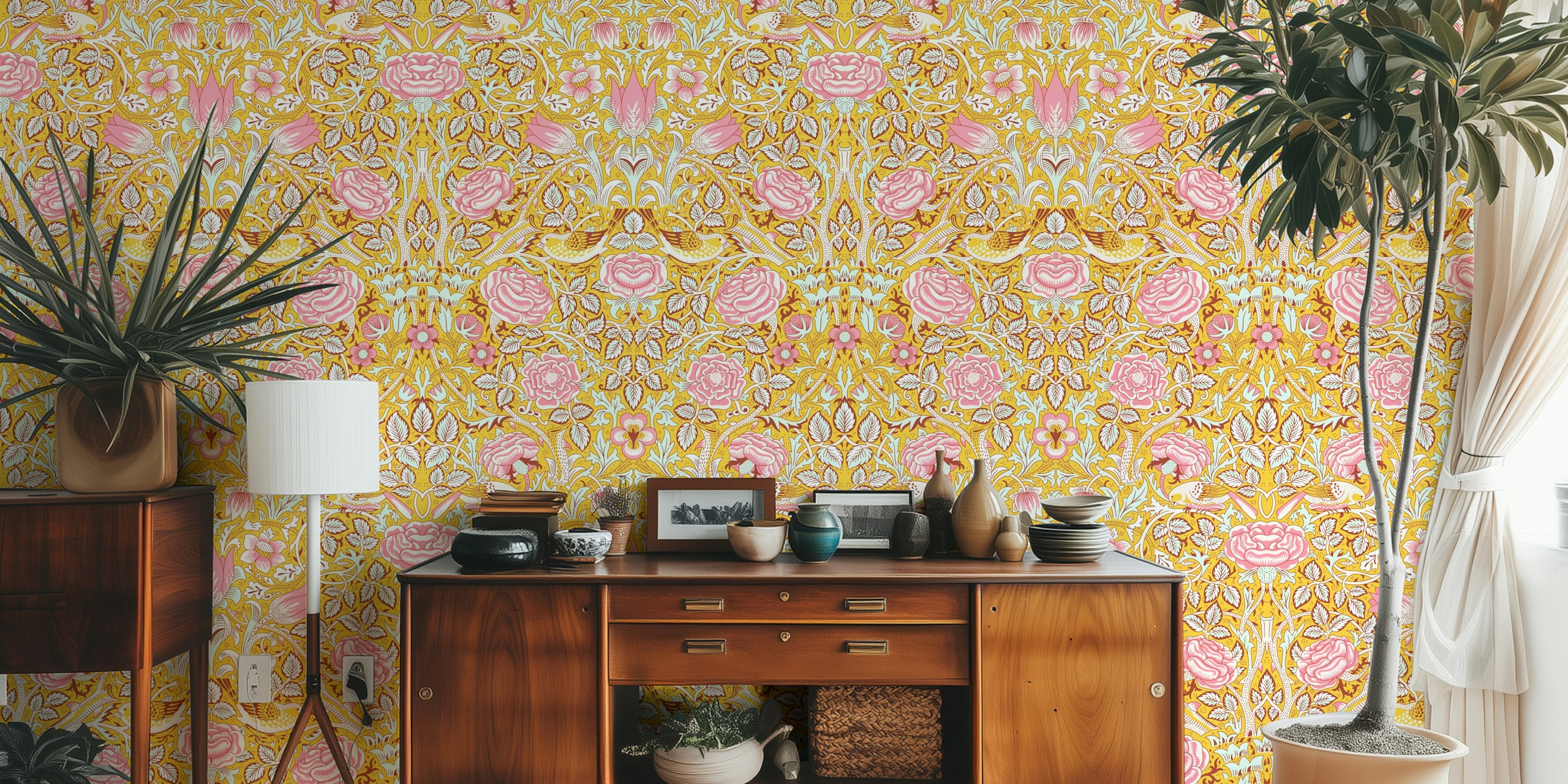 Floral pattern with pink roses and yellow background wallpaper