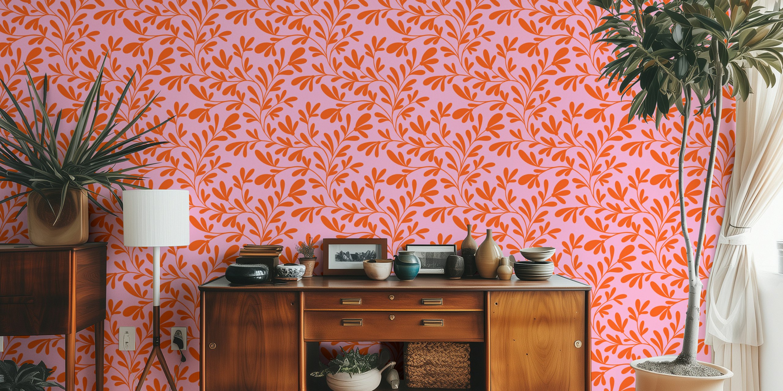 Coral Branch on Pink wallpaper in a room