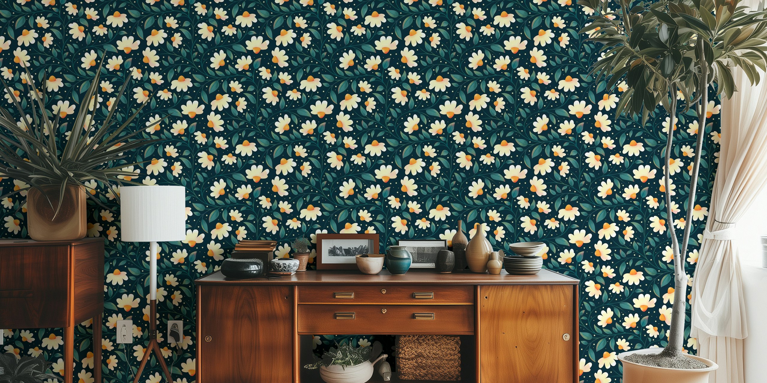 Papel tapiz floral Midnight Daisy Garden en una habitación