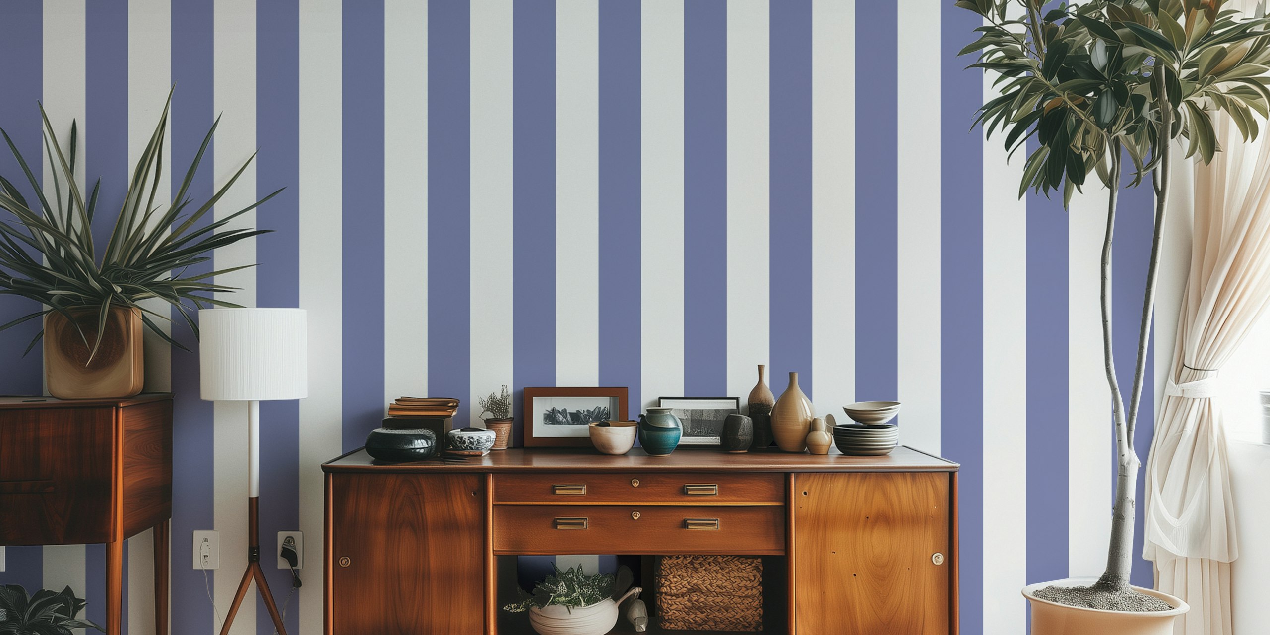 Purple and gray striped wallpaper in Scandinavian style