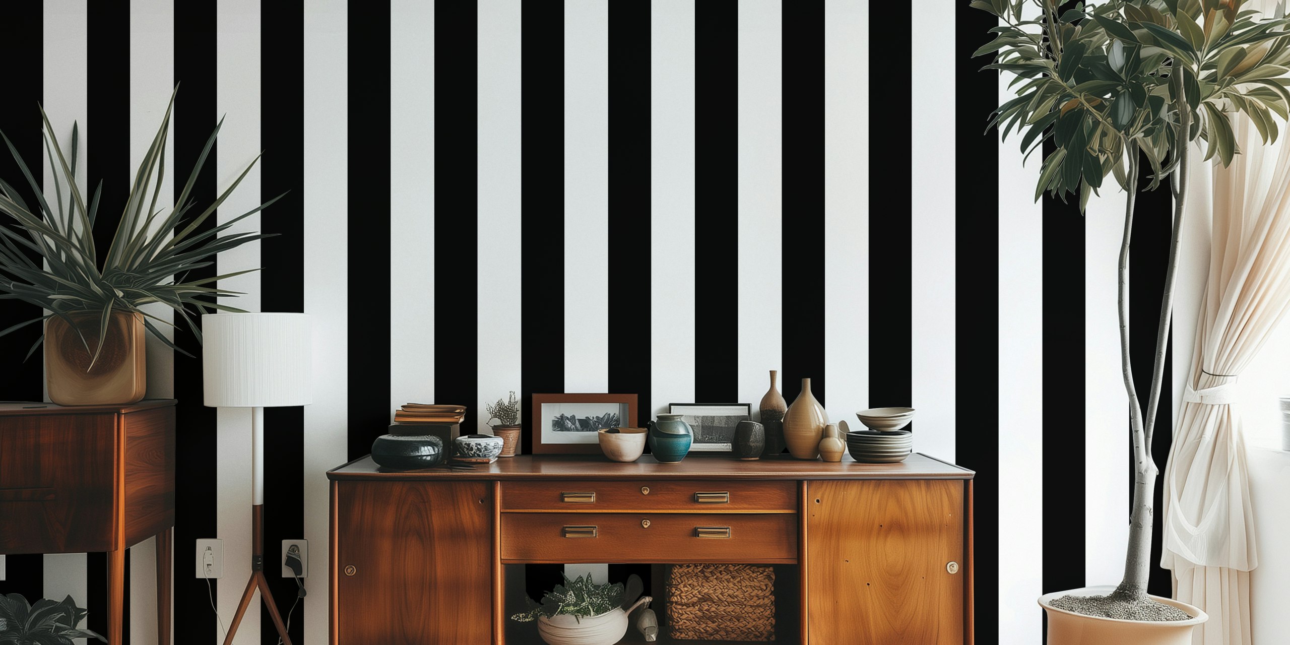 Black and White Scandi Stripes wallpaper in a nursery
