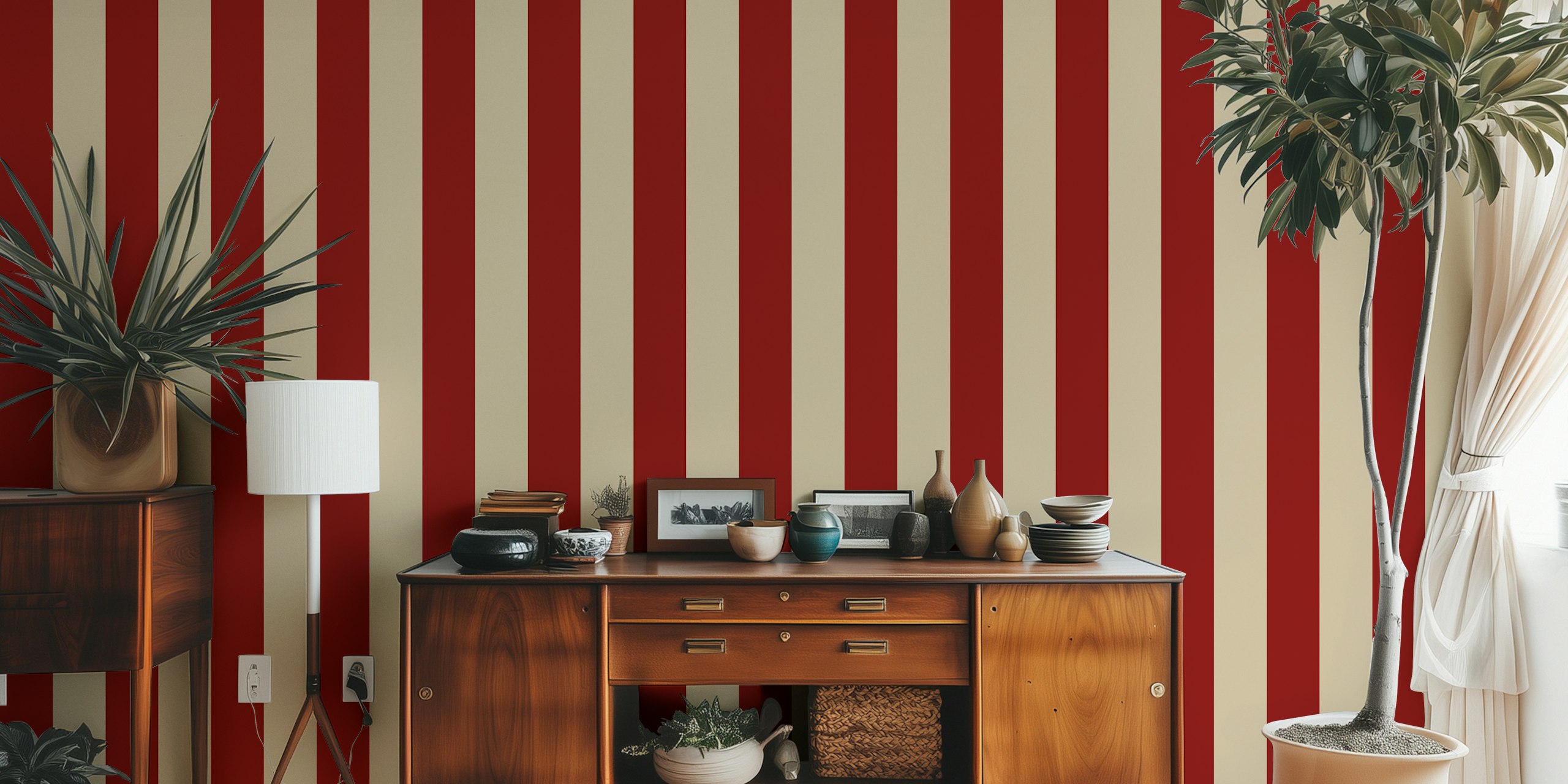 Ταπετσαρία Dark Red And Beige Boho Stripes σε ένα δωμάτιο