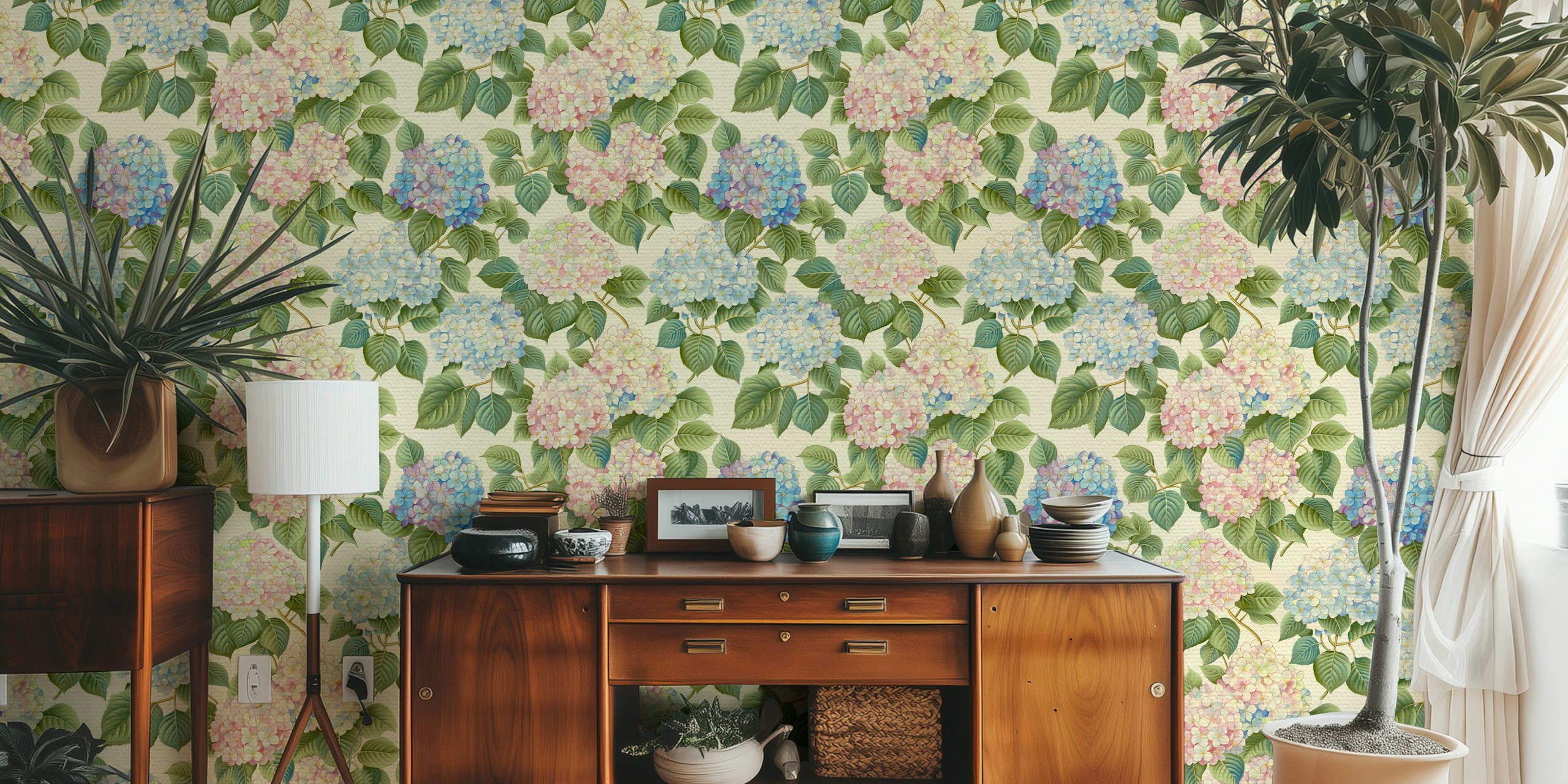 Pastel pink and blue hydrangea flowers with green leaves wallpaper