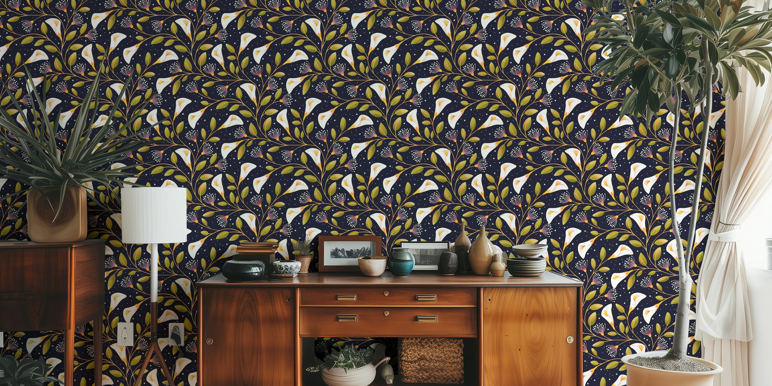 Floral design with white calla lilies and green leaves on a dark background wallpaper
