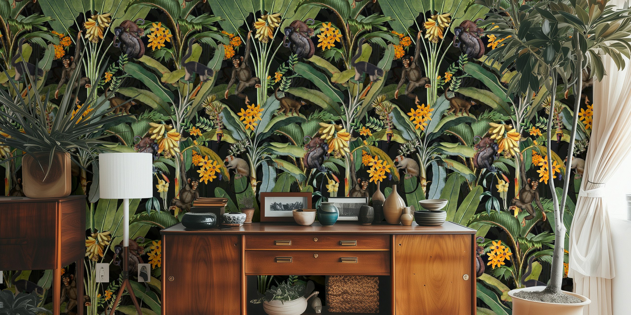 Monkeys in vintage jungle wallpaper design