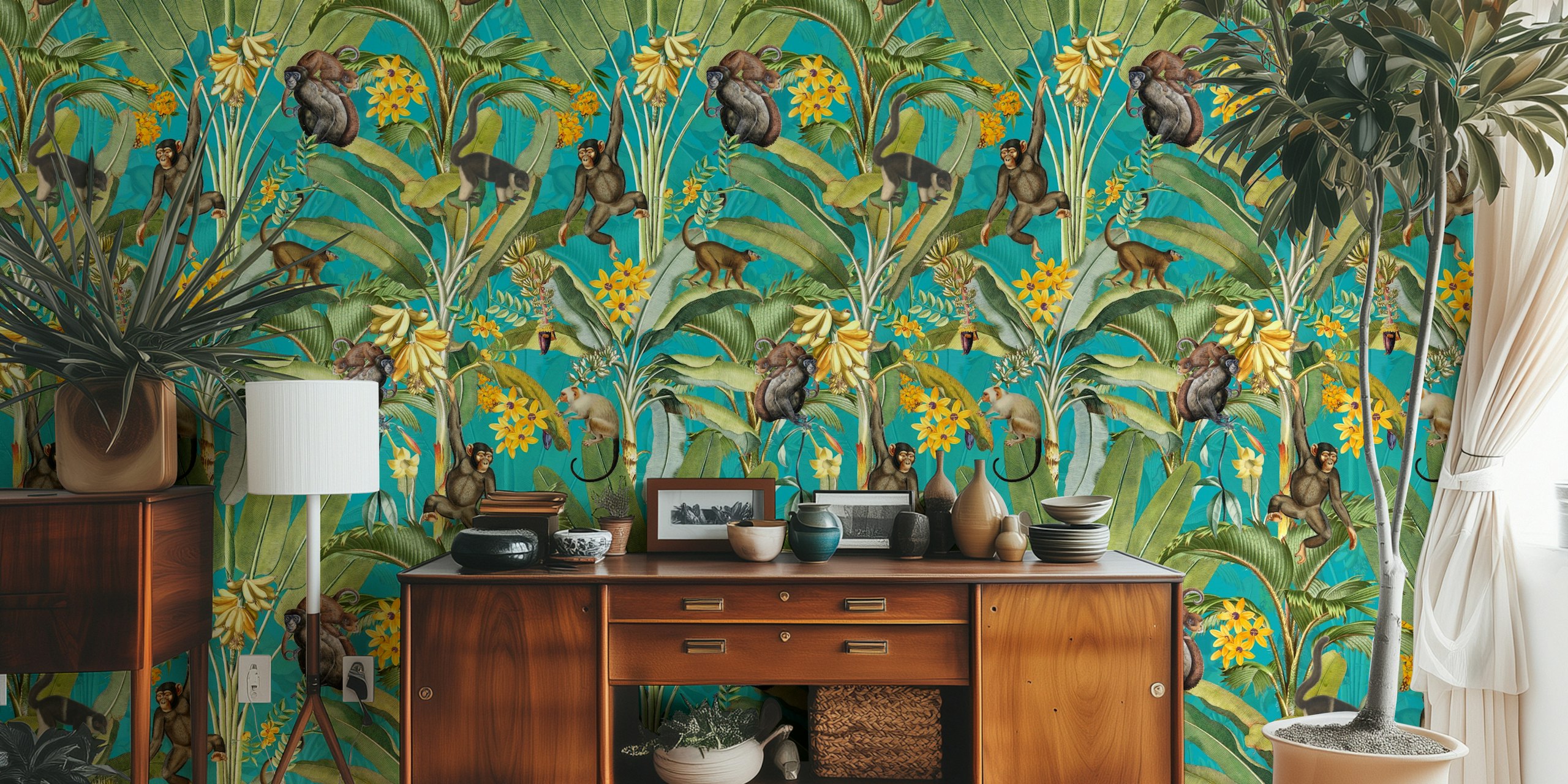 Monkeys in Turquoise Vintage Jungle wzór tapety