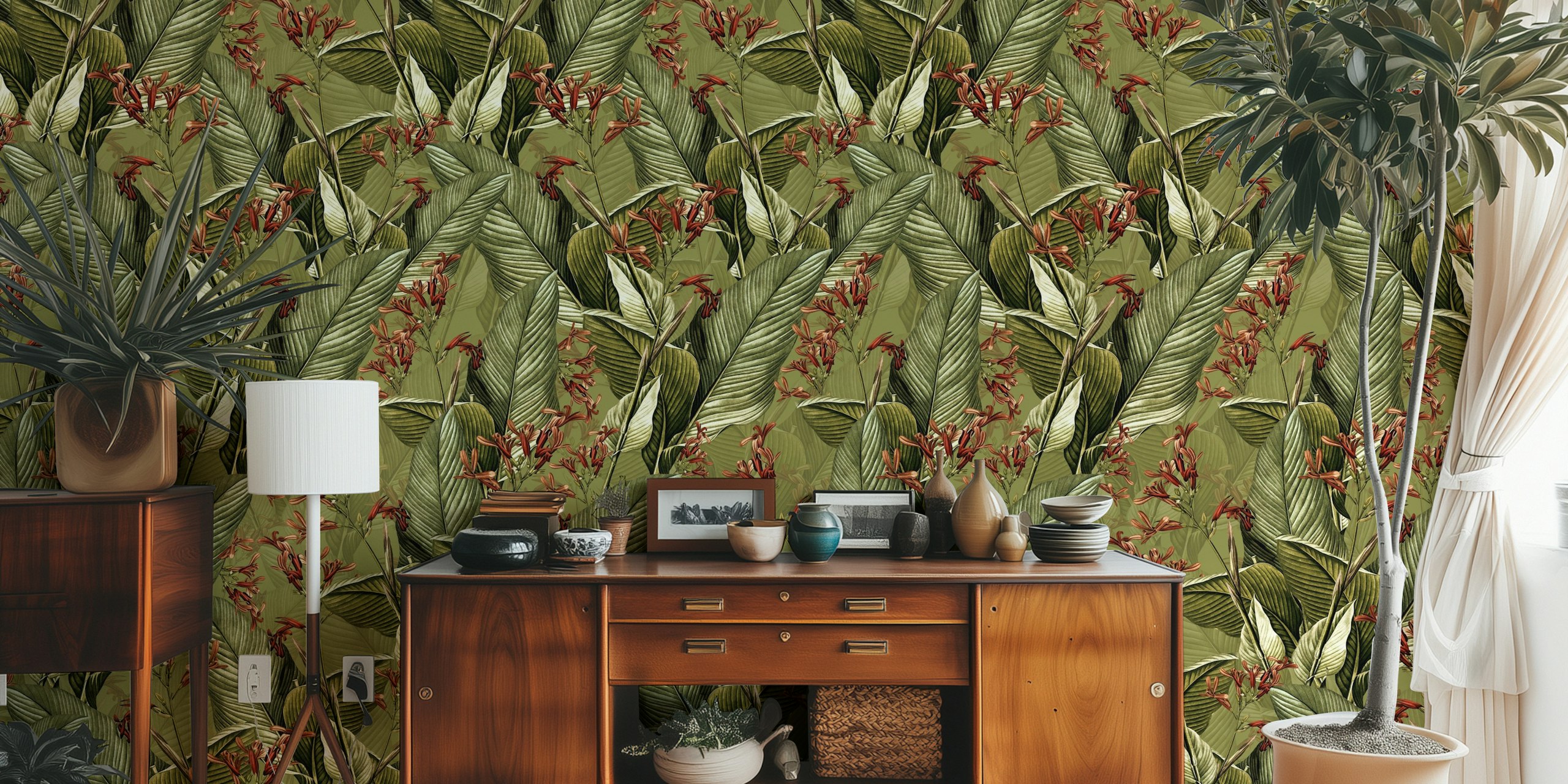 Tropical banana leaves and orange flowers on green background wallpaper