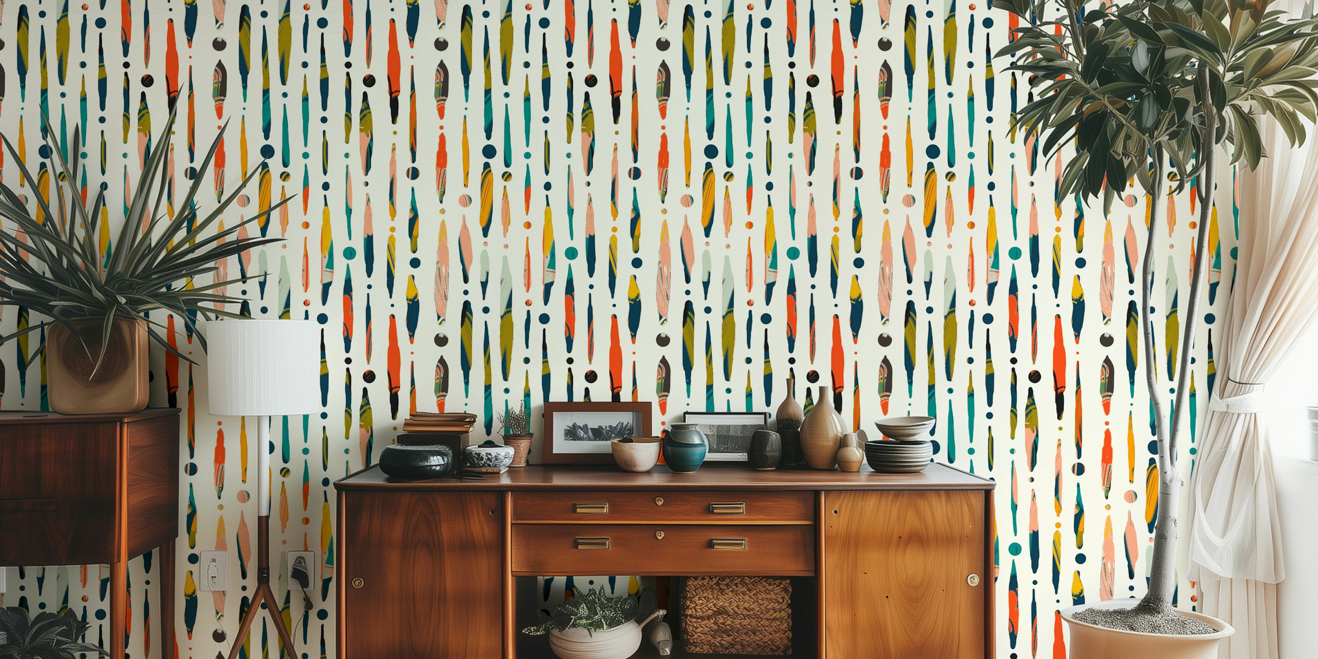 Abstract colorful dripping lines with dots in shades of orange, teal, pink, and black wallpaper