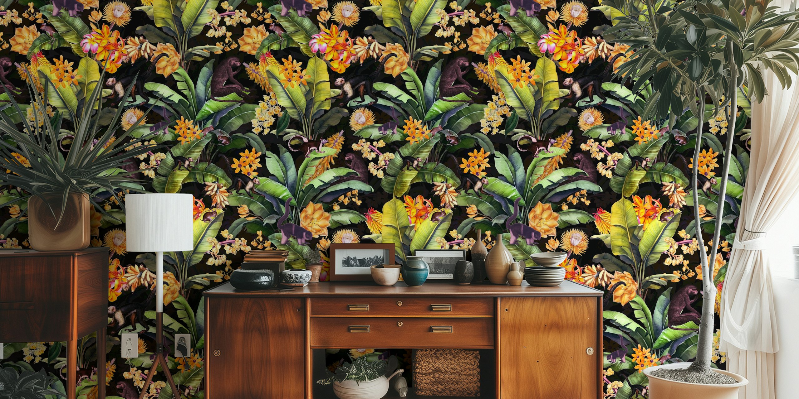 Vintage Midnight Monkey Tropical Rainforest tapet
